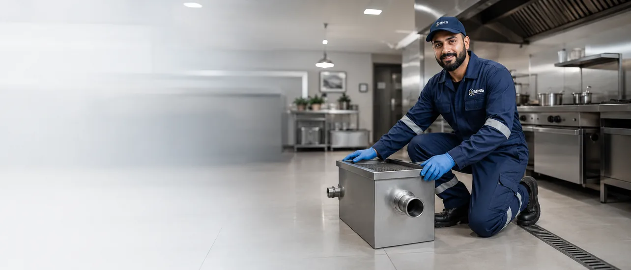 Grease trap unit supplied for a commercial kitchen