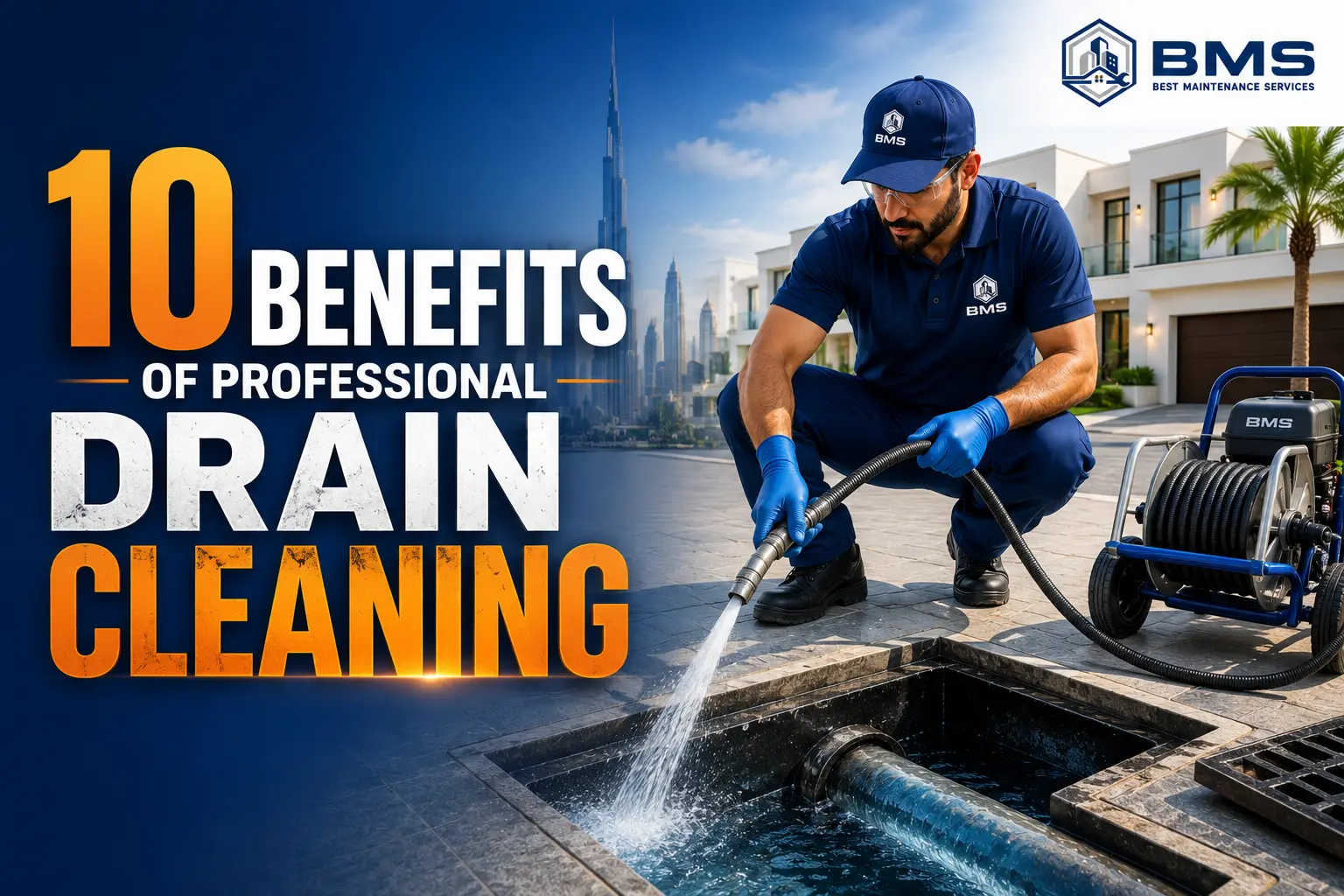 Professional drain cleaning technician using a high-pressure hydro jetting machine to clean a residential drain in Dubai, demonstrating the benefits of expert drain cleaning services for homes and commercial properties.