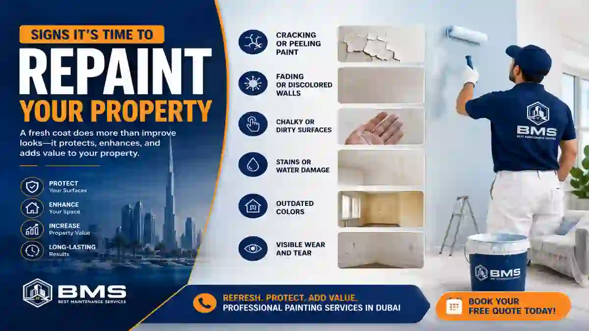 Professional painter from Best Maintenance Services repainting a property in Dubai while highlighting common signs such as peeling paint, faded walls, cracks, stains, and surface damage that indicate it's time for a fresh coat of paint.