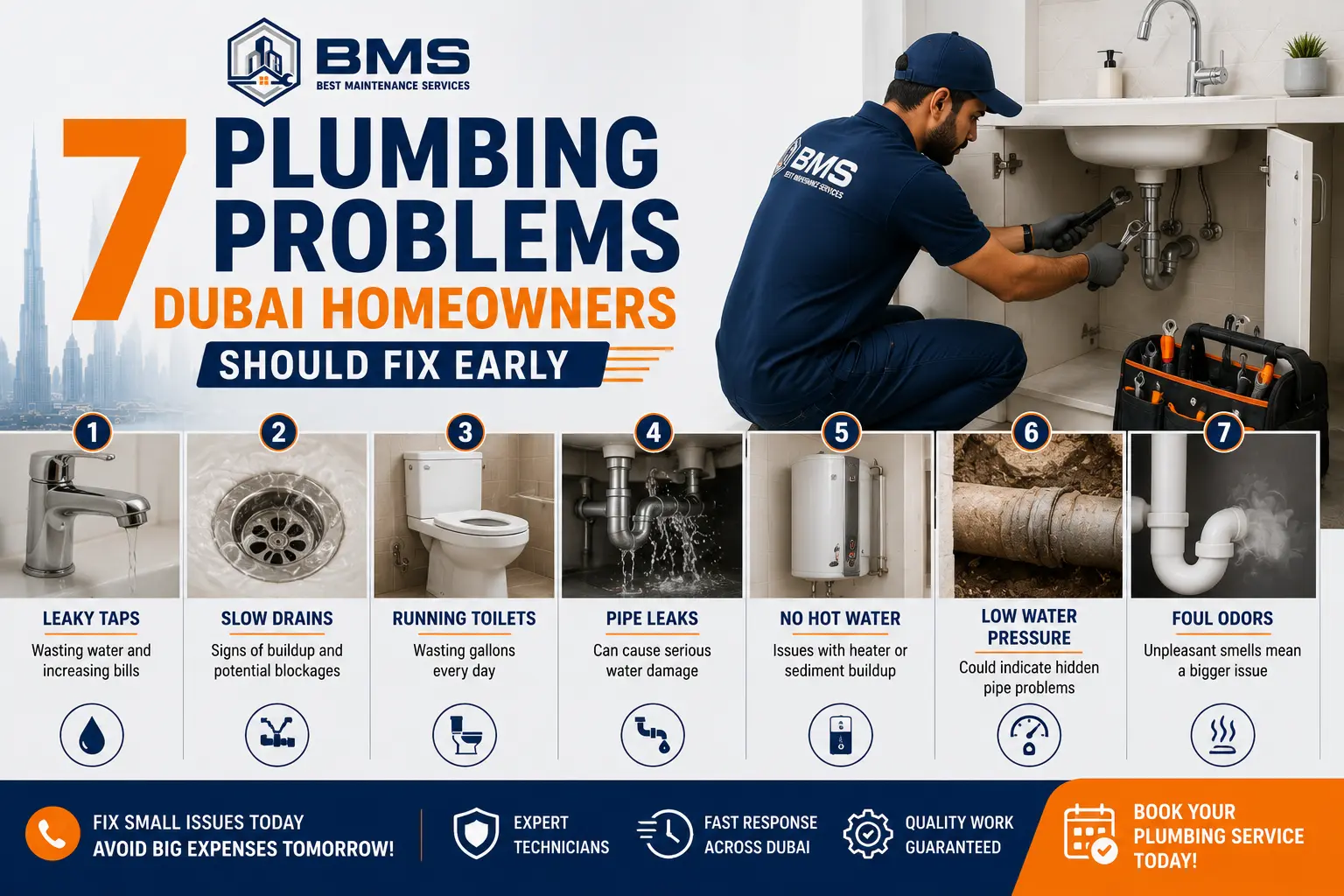 Professional plumbing technician repairing a sink in Dubai, highlighting seven common plumbing problems homeowners should fix early, including leaks, slow drains, running toilets, low water pressure, and foul odors.