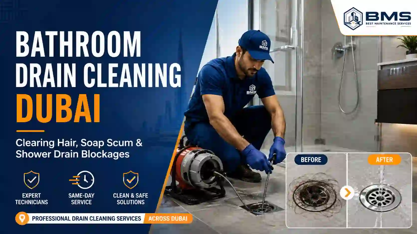 Bathroom Drain Cleaning Dubai – Professional Shower Drain Cleaning Professional technician cleaning a blocked bathroom shower drain by removing hair, soap scum, and debris using advanced drain cleaning equipment in Dubai.