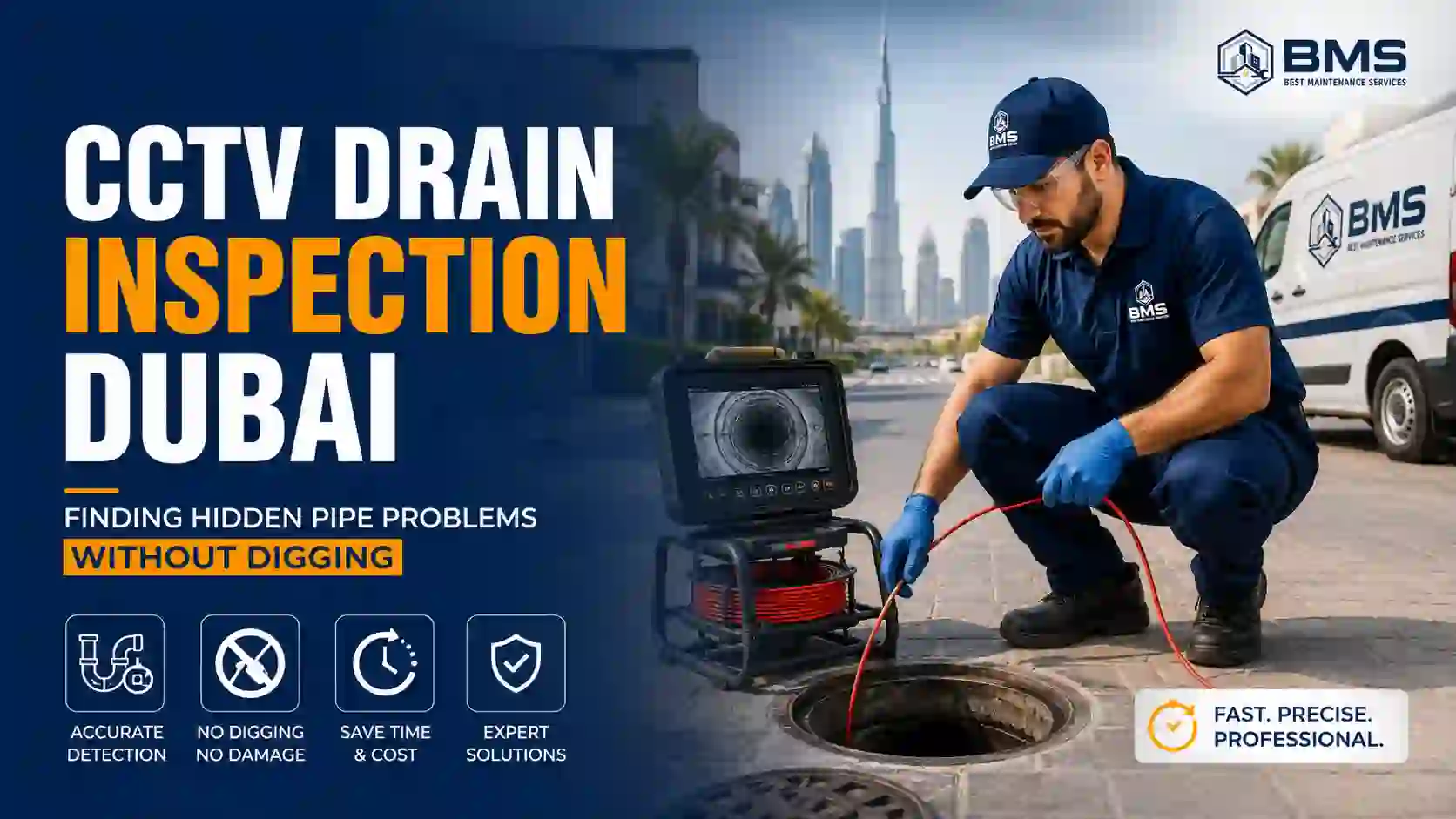CCTV Drain Inspection Dubai | Hidden Pipe Problem Detection Professional CCTV drain inspection in Dubai with a technician using a drain camera to detect hidden pipe problems without digging, by Best Maintenance Services.