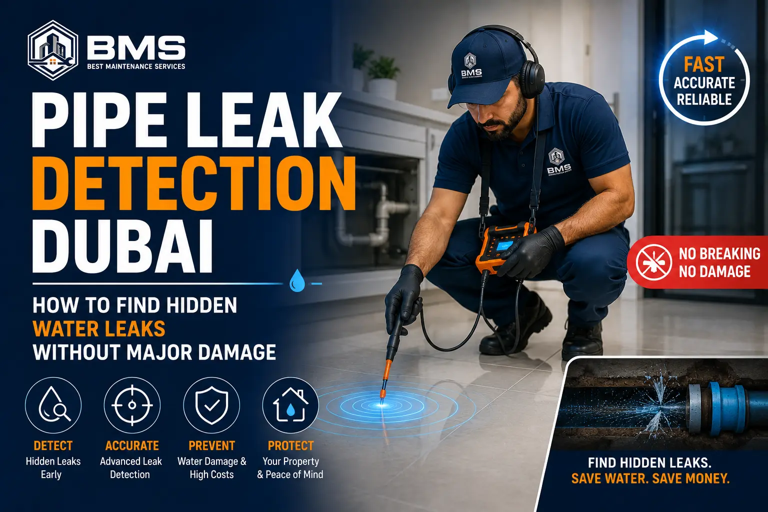 Pipe Leak Detection Dubai: Find Hidden Water Leaks Without Damage Professional technician using advanced equipment to detect hidden water pipe leaks in Dubai without breaking walls or causing major property damage.