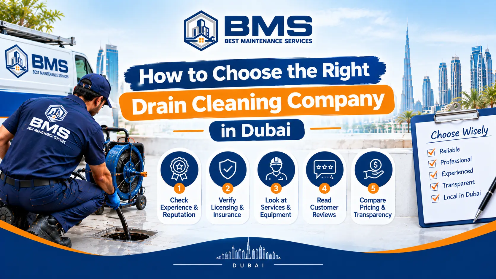 How to Choose the Right Drain Cleaning Company in Dubai Professional drain cleaning technician in Dubai using specialized equipment, illustrating how to choose a reliable drain cleaning company based on experience, licensing, customer reviews, and transparent pricing.