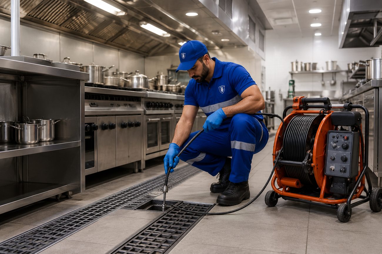 Commercial kitchen drain maintenance by BMS technician in Dubai