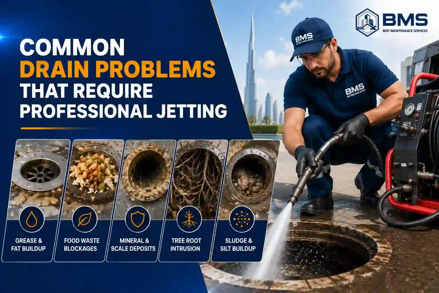 Professional drain jetting technician clearing blocked drains caused by grease, food waste, mineral deposits, tree roots, and sludge buildup in Dubai