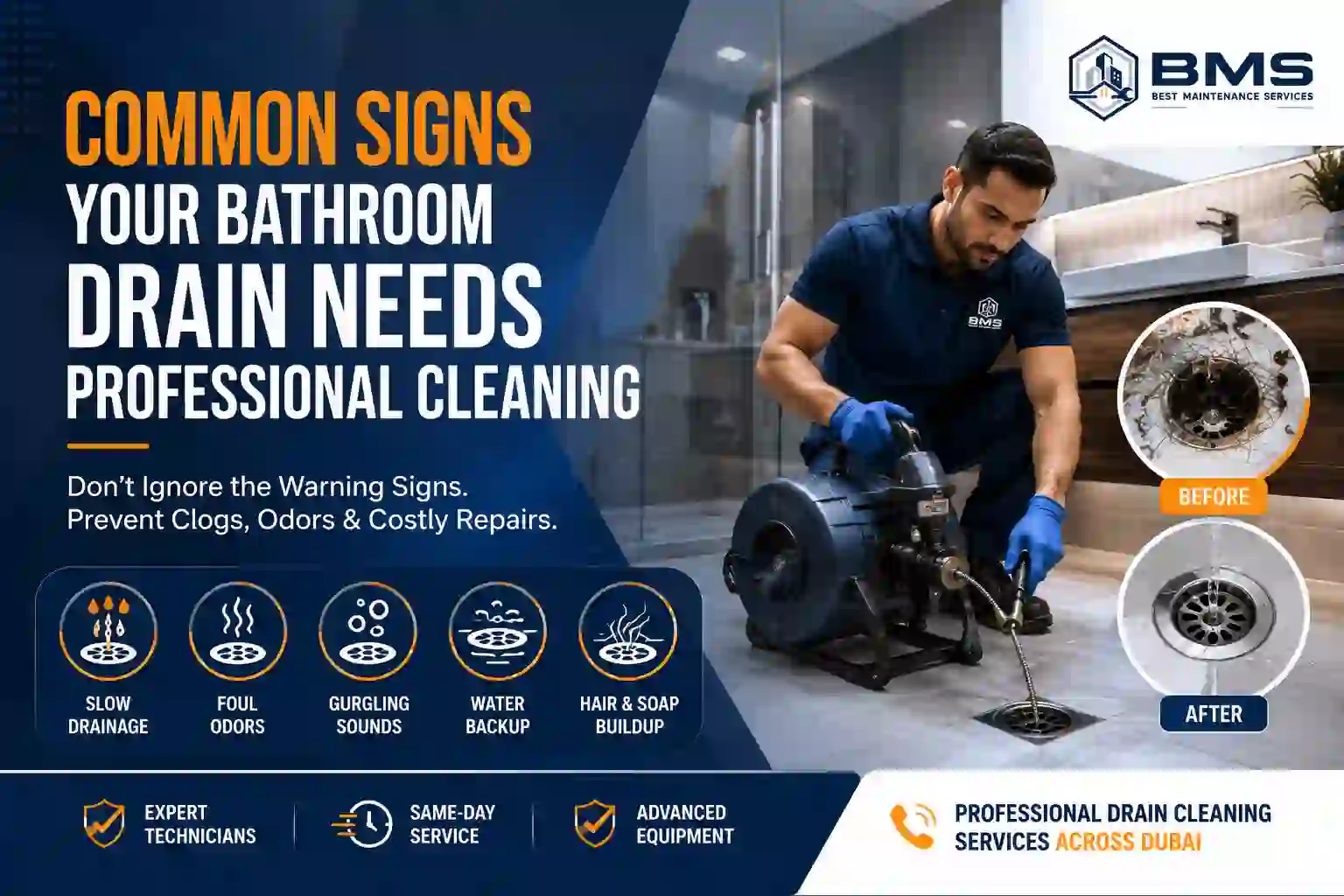 Experienced drain cleaning technician using professional equipment to clear a blocked bathroom drain with before-and-after results in a modern Dubai bathroom.