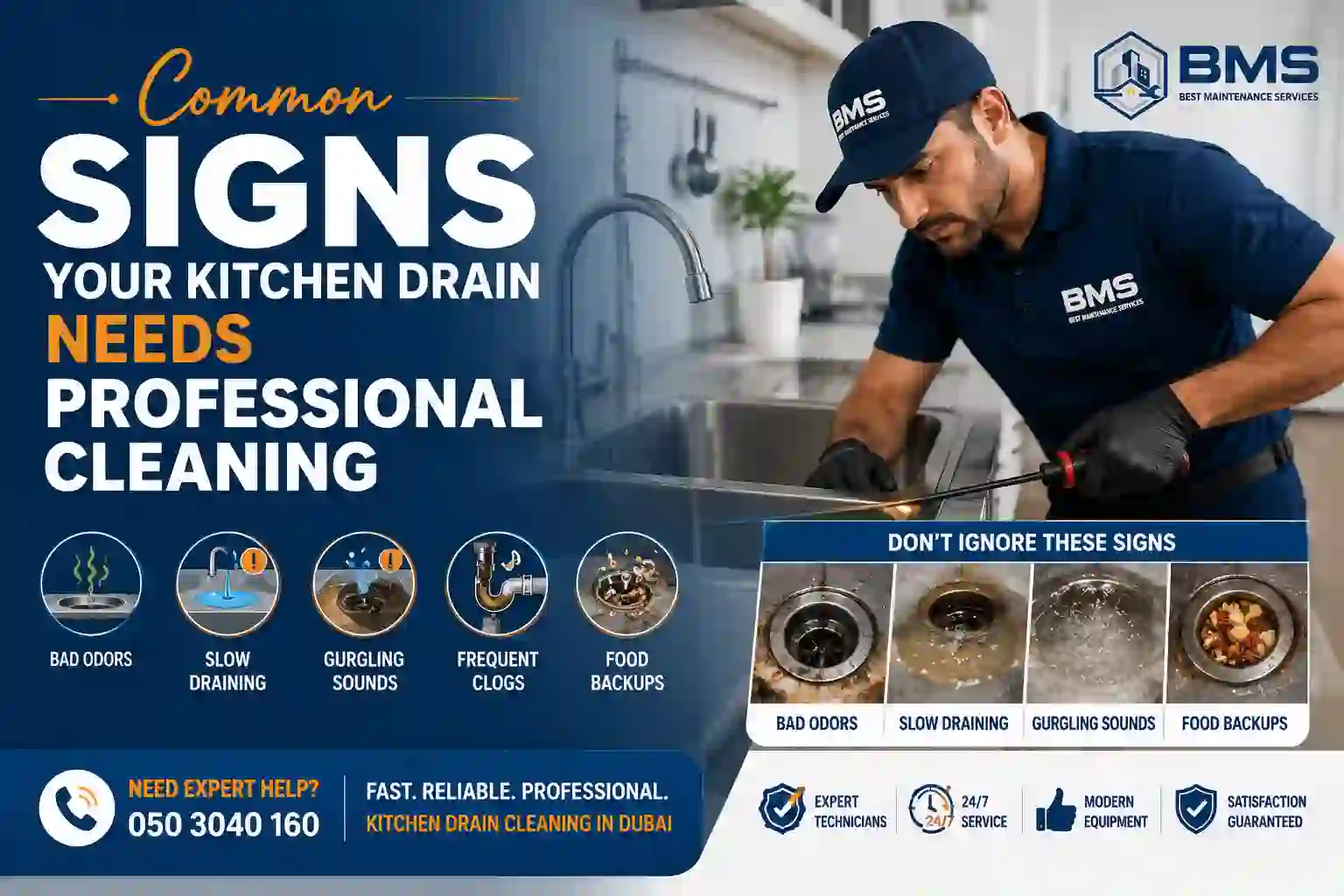 BMS technician inspecting a kitchen drain in Dubai while highlighting common warning signs such as slow drainage, bad odors, gurgling sounds, and frequent drain clogs.