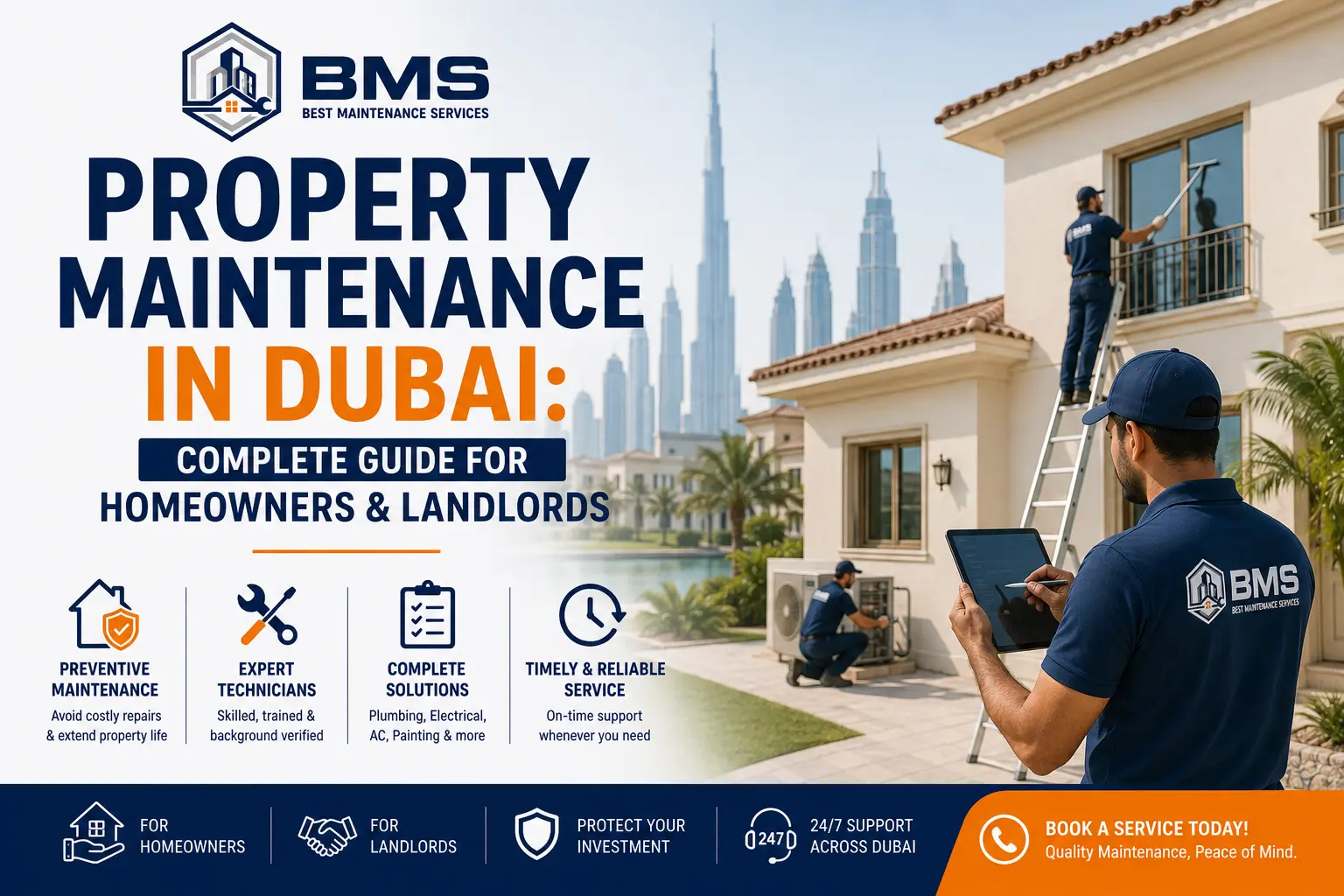 Professional property maintenance services in Dubai showing BMS technicians performing villa inspection, AC maintenance, exterior cleaning, and general property repairs.