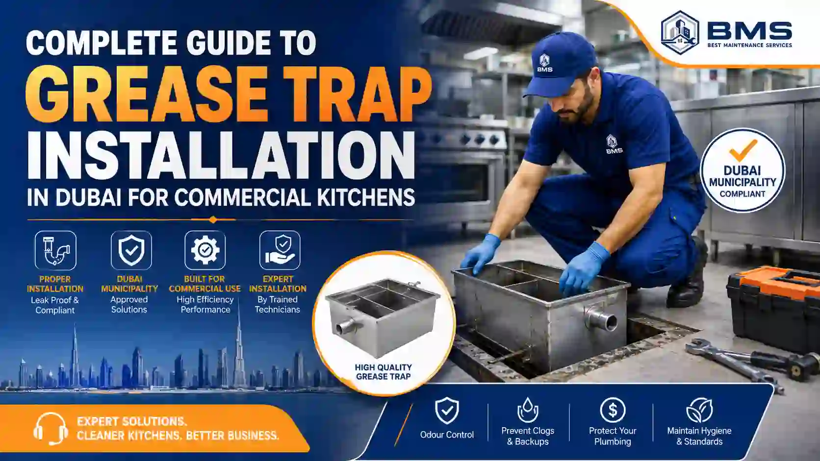 Grease trap installation Dubai guide showing professional grease interceptor setup for commercial kitchens