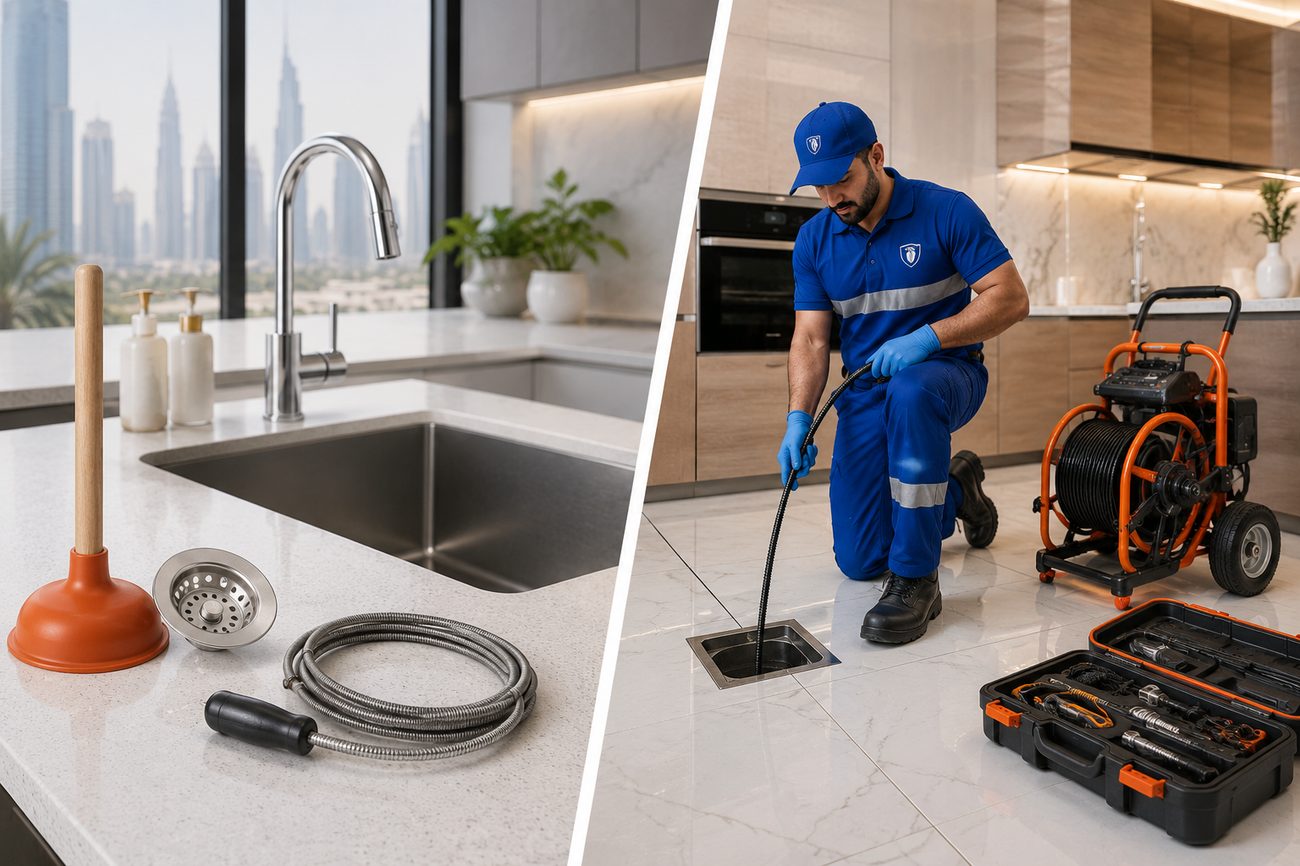 DIY tools and professional drain cleaning equipment for blocked drains in Dubai