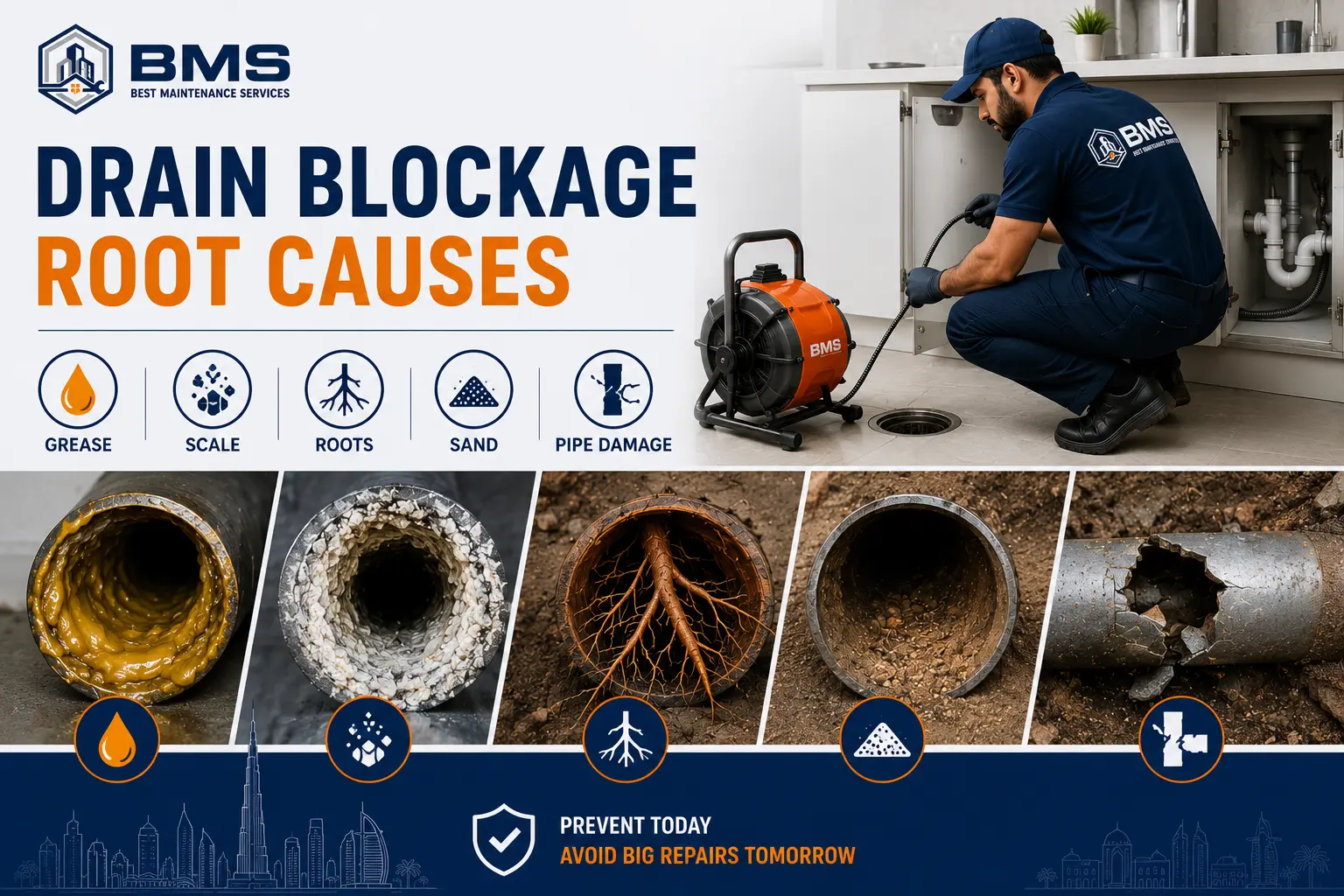 Professional drain cleaning technician in Dubai inspecting a blocked drain caused by grease buildup, scale deposits, tree roots, sand, silt, and damaged pipes.