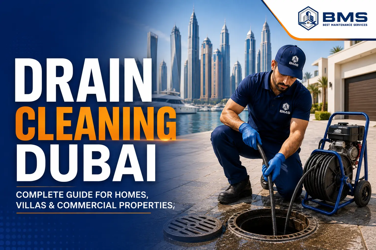 Drain Cleaning Dubai: Complete Guide for Homes, Villas & Commercial Properties | Best Maintenance Services Professional drain cleaning technician from Best Maintenance Services using advanced drain cleaning equipment to clear a blocked drain outside a modern Dubai villa, providing expert drain cleaning services for residential and commercial properties.