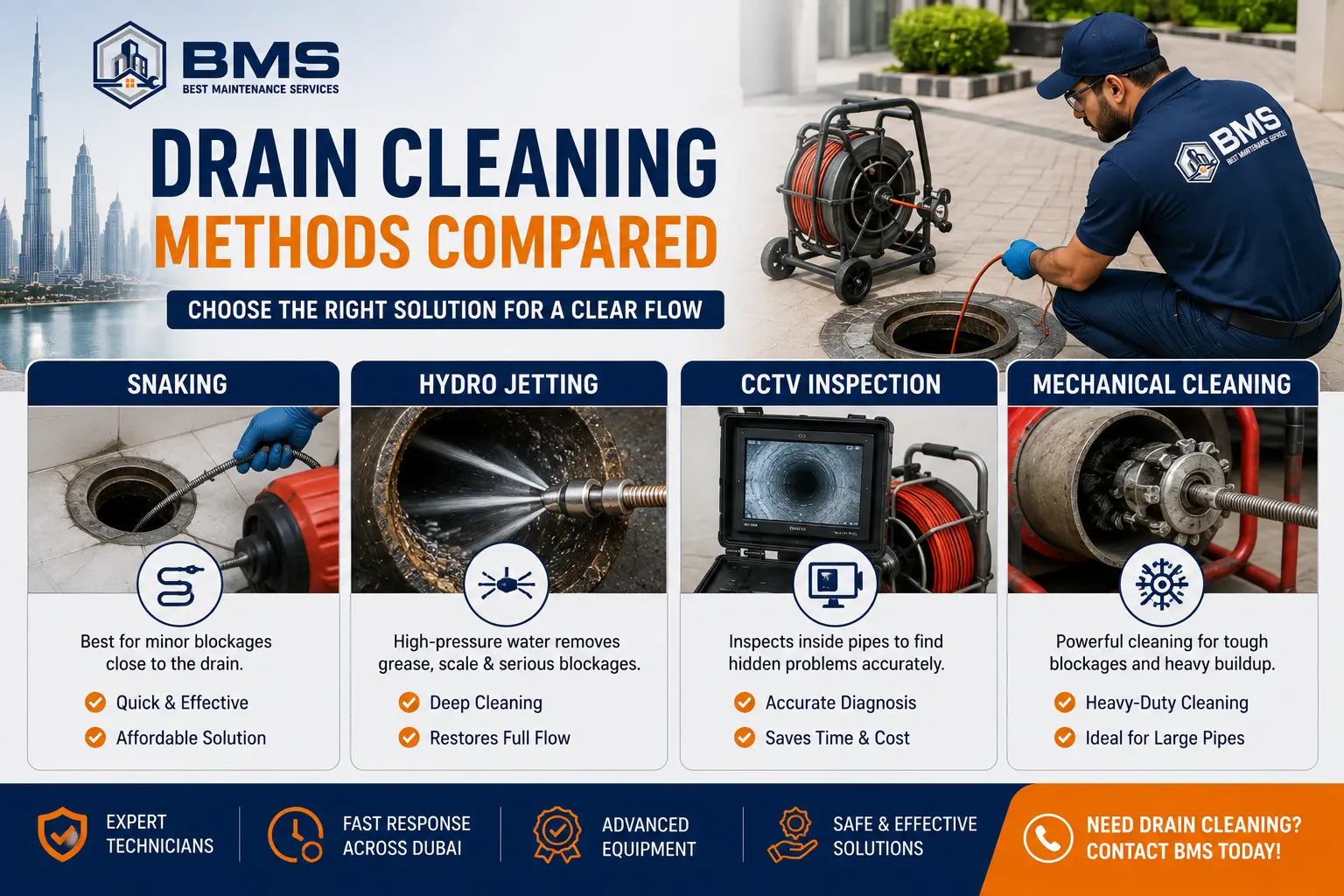 Drain cleaning methods compared in Dubai, showing professional snaking, hydro jetting, CCTV drain inspection, and mechanical cleaning equipment.