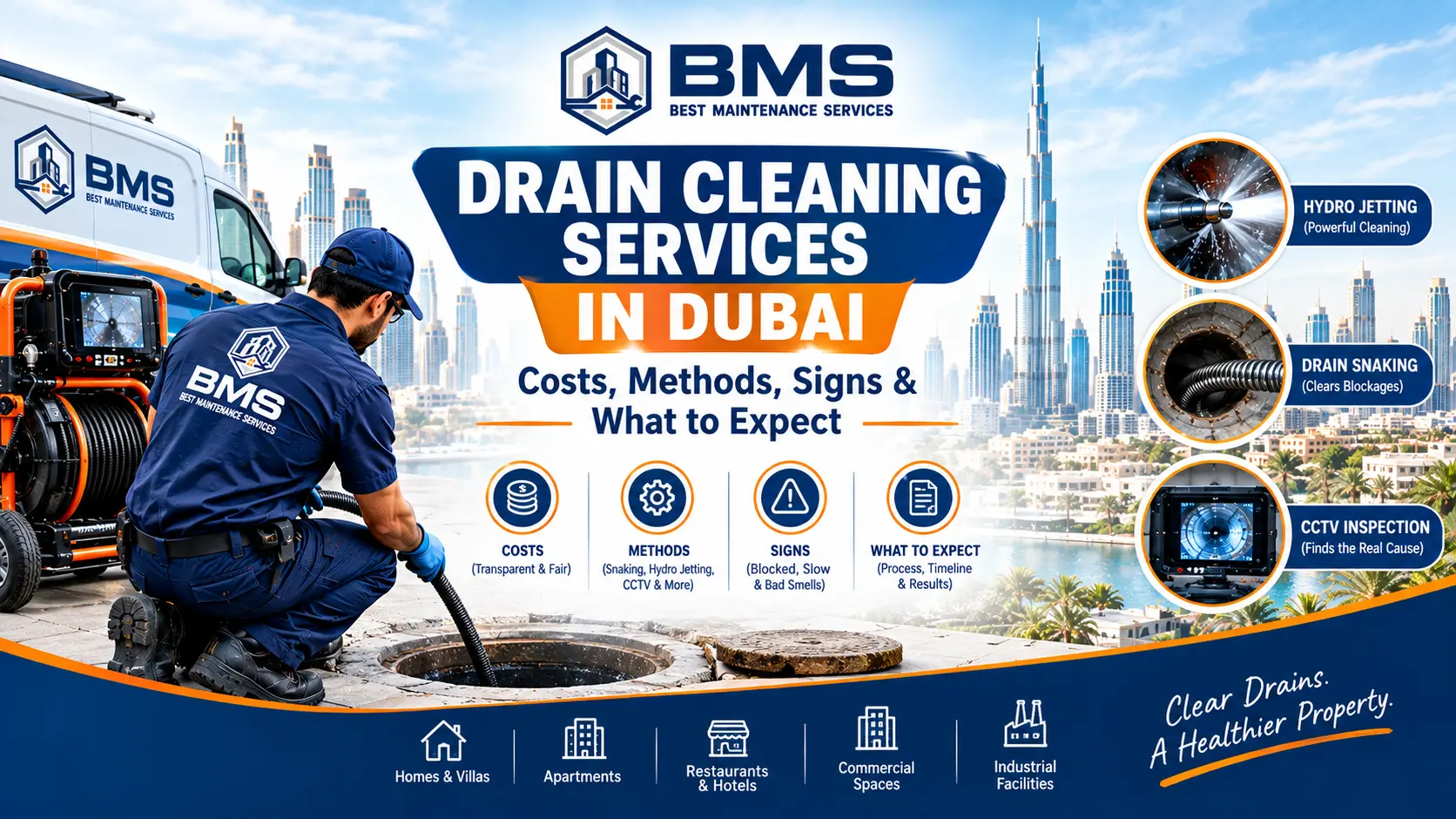 Drain Cleaning Services in Dubai: Costs, Methods, Signs & What to Expect Professional drain cleaning services in Dubai showing a BMS technician using modern drain cleaning equipment for blocked and slow drains.