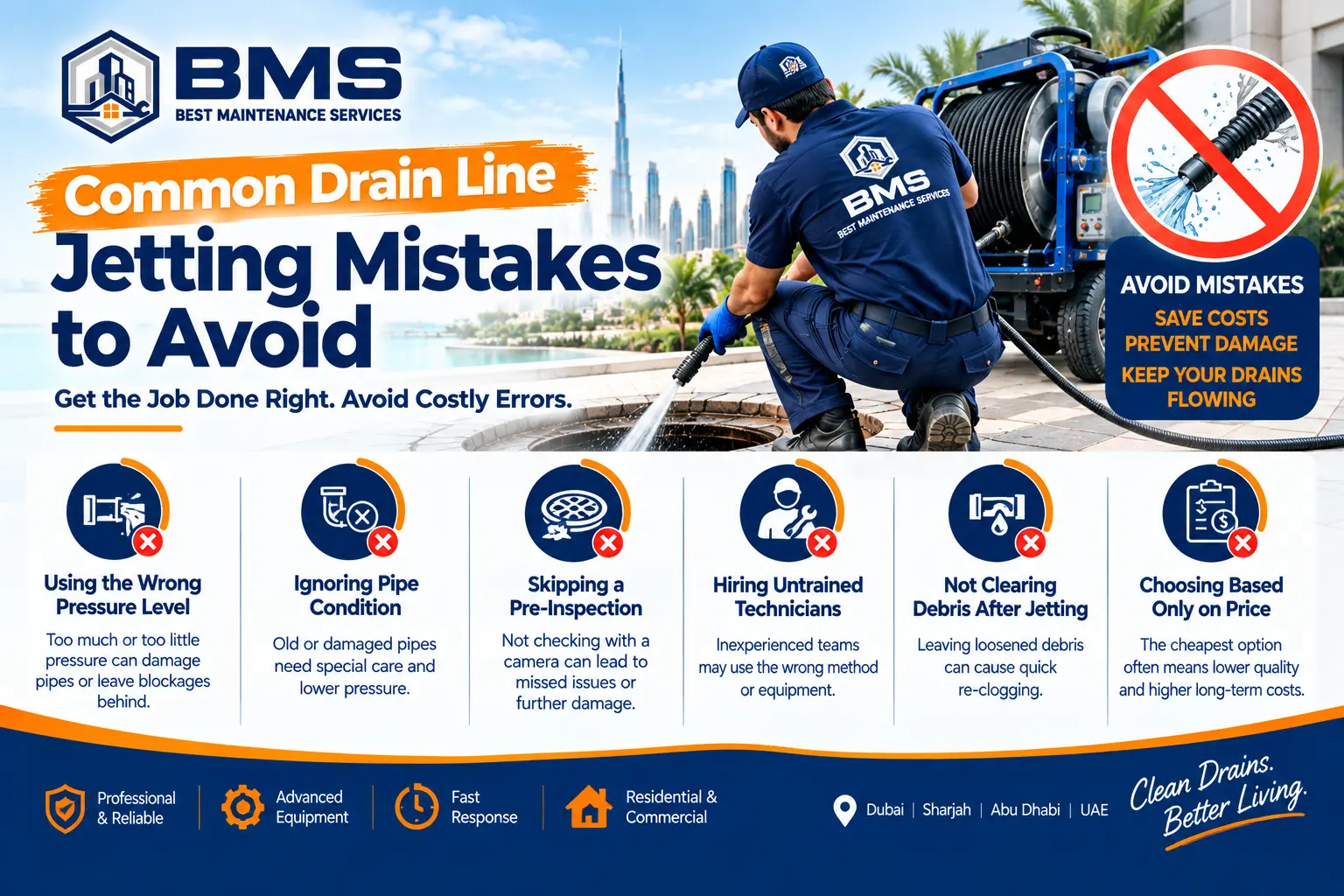 Common drain line jetting mistakes in Dubai, including wrong pressure, skipped inspection, pipe damage, and untrained technicians