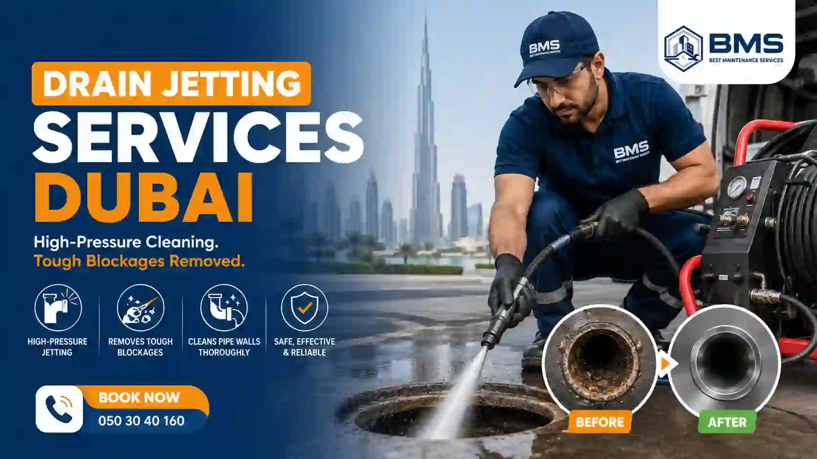 Drain Jetting Services Dubai | High-Pressure Drain Cleaning | Best Maintenance Services Professional technician performing high-pressure drain jetting to remove stubborn pipe blockages and clean drainage systems in Dubai
