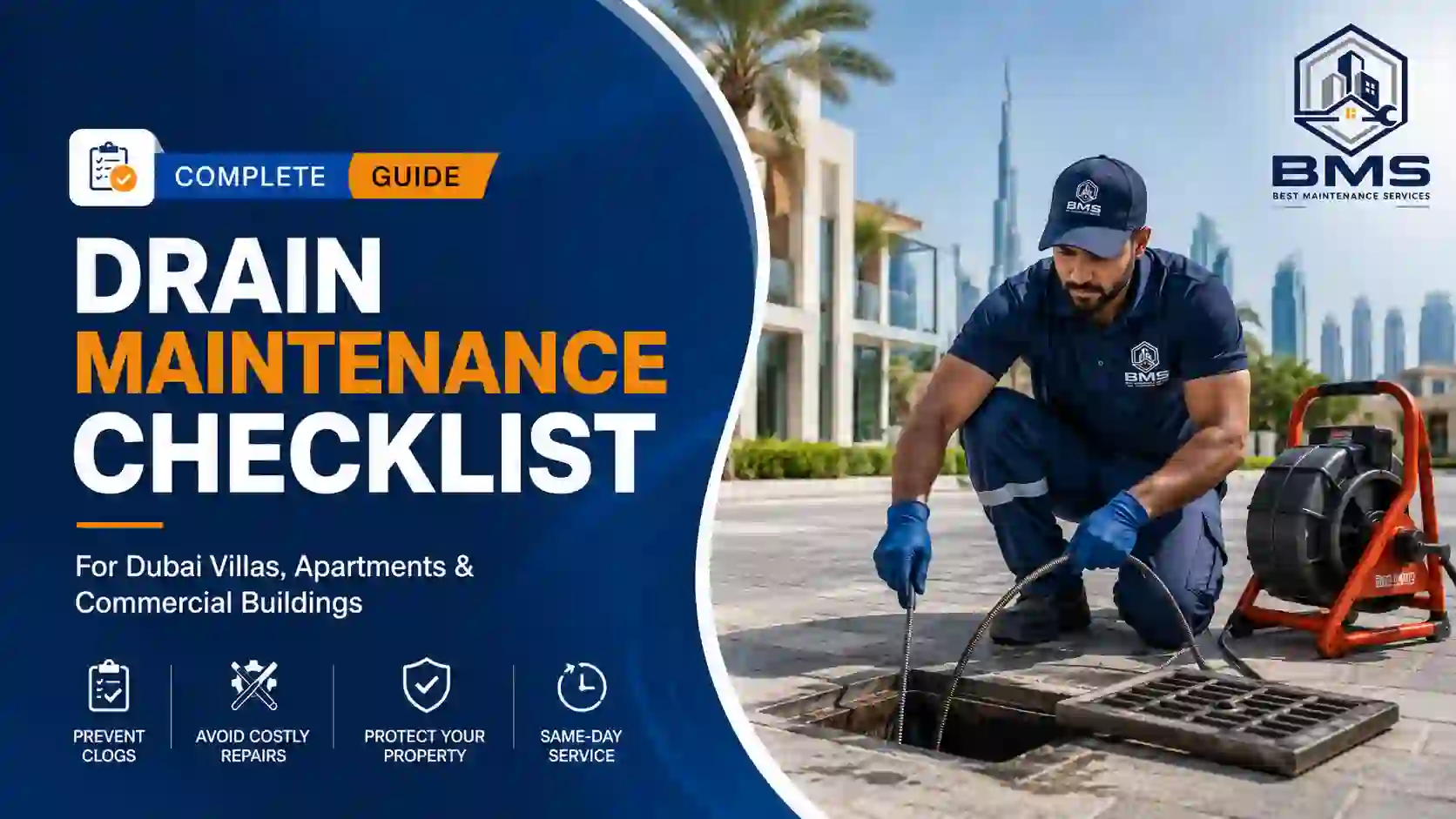 Professional technician performing preventive drain maintenance using drain cleaning equipment as part of a complete drain maintenance checklist for Dubai villas, apartments, and commercial buildings