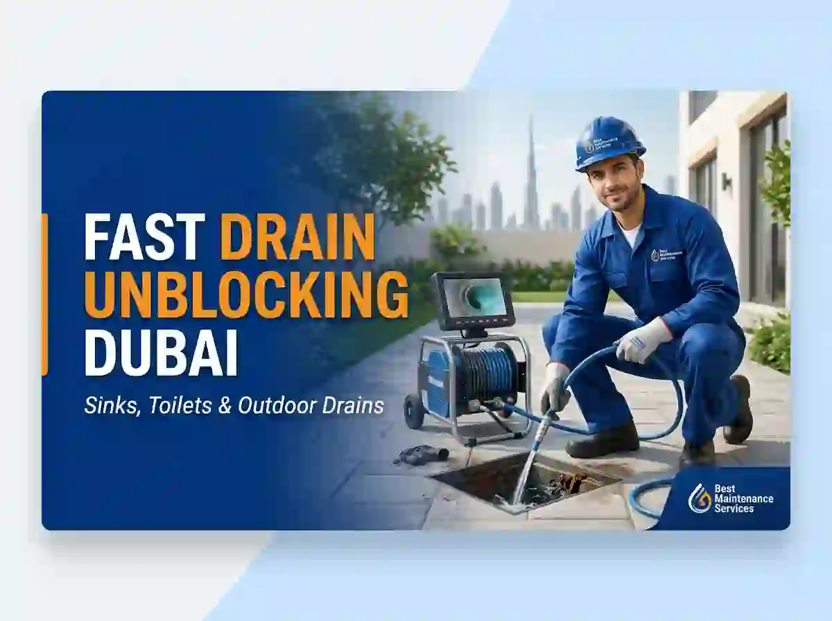 Fast Drain Unblocking Dubai | Professional Drain Cleaning Services | Best Maintenance Services Professional technician performing fast drain unblocking in Dubai using CCTV drain inspection equipment to clear blocked outdoor drains for residential and commercial properties.