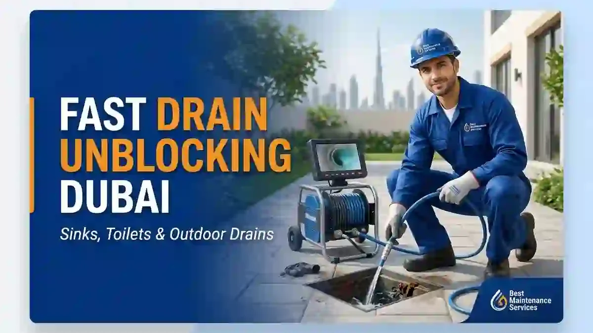 Professional technician performing fast drain unblocking in Dubai using CCTV drain inspection equipment to clear blocked outdoor drains for residential and commercial properties.