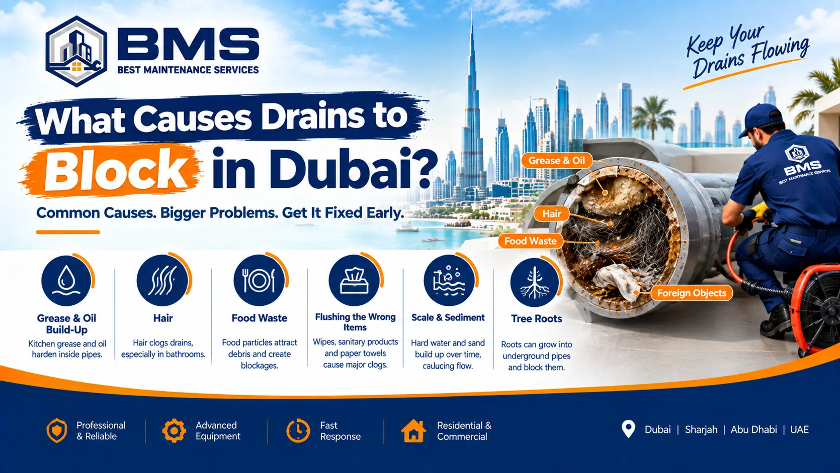 Common causes of blocked drains in Dubai, including grease, hair, food waste, scale, sediment, and tree roots