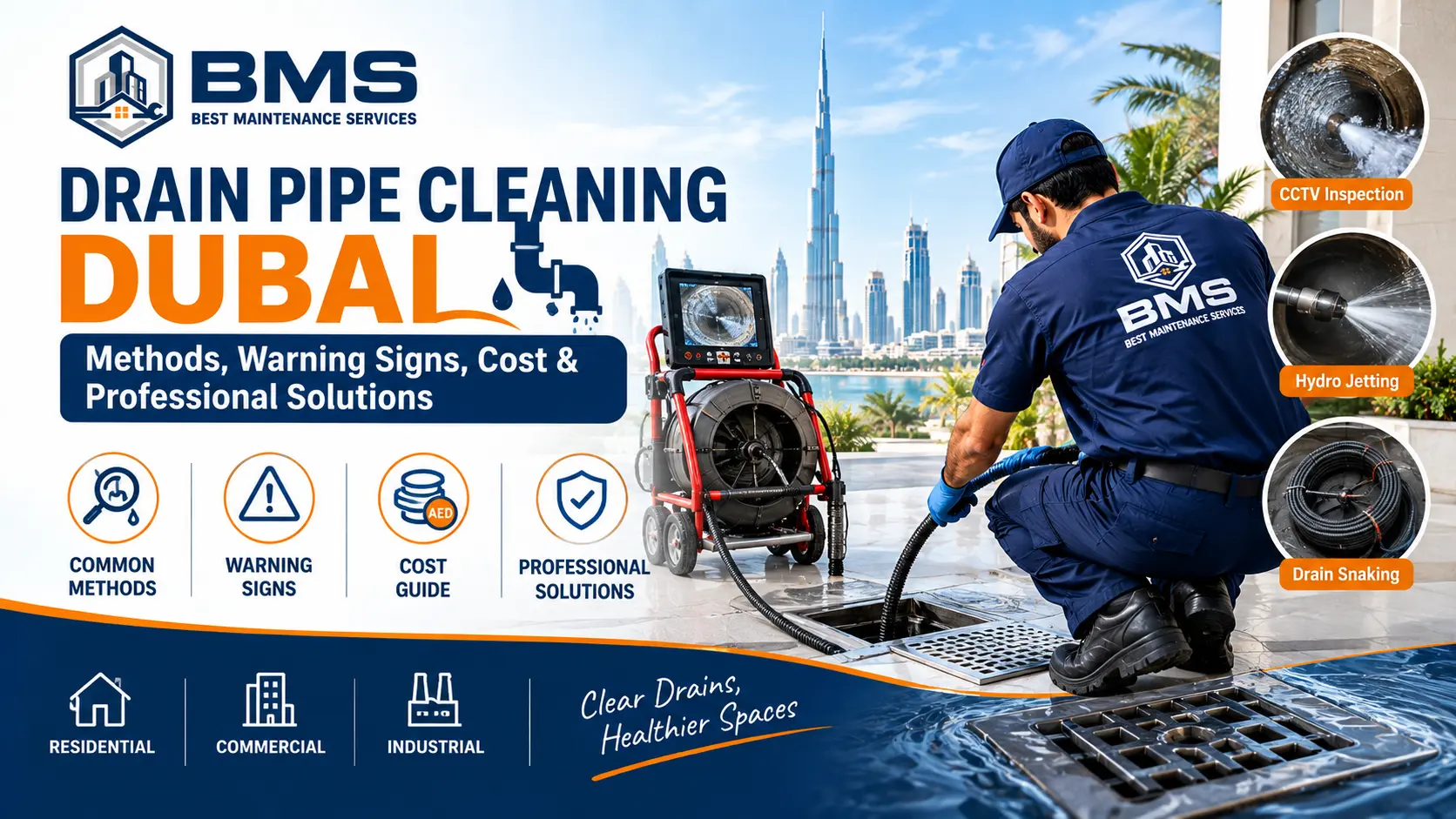 Professional drain pipe cleaning service in Dubai showing hydro jetting, drain snaking, and CCTV inspection.