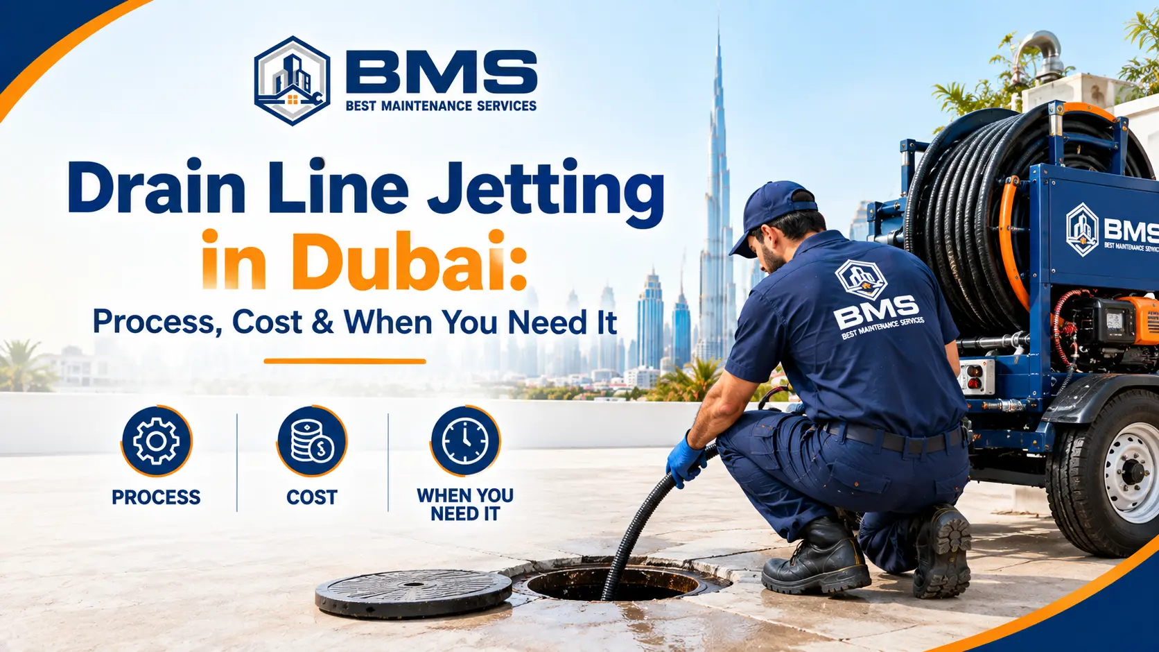 Drain Line Jetting in Dubai: Process, Cost & When You Need It Professional drain line jetting service in Dubai showing a BMS technician using high-pressure cleaning equipment to clear a drainage pipe.