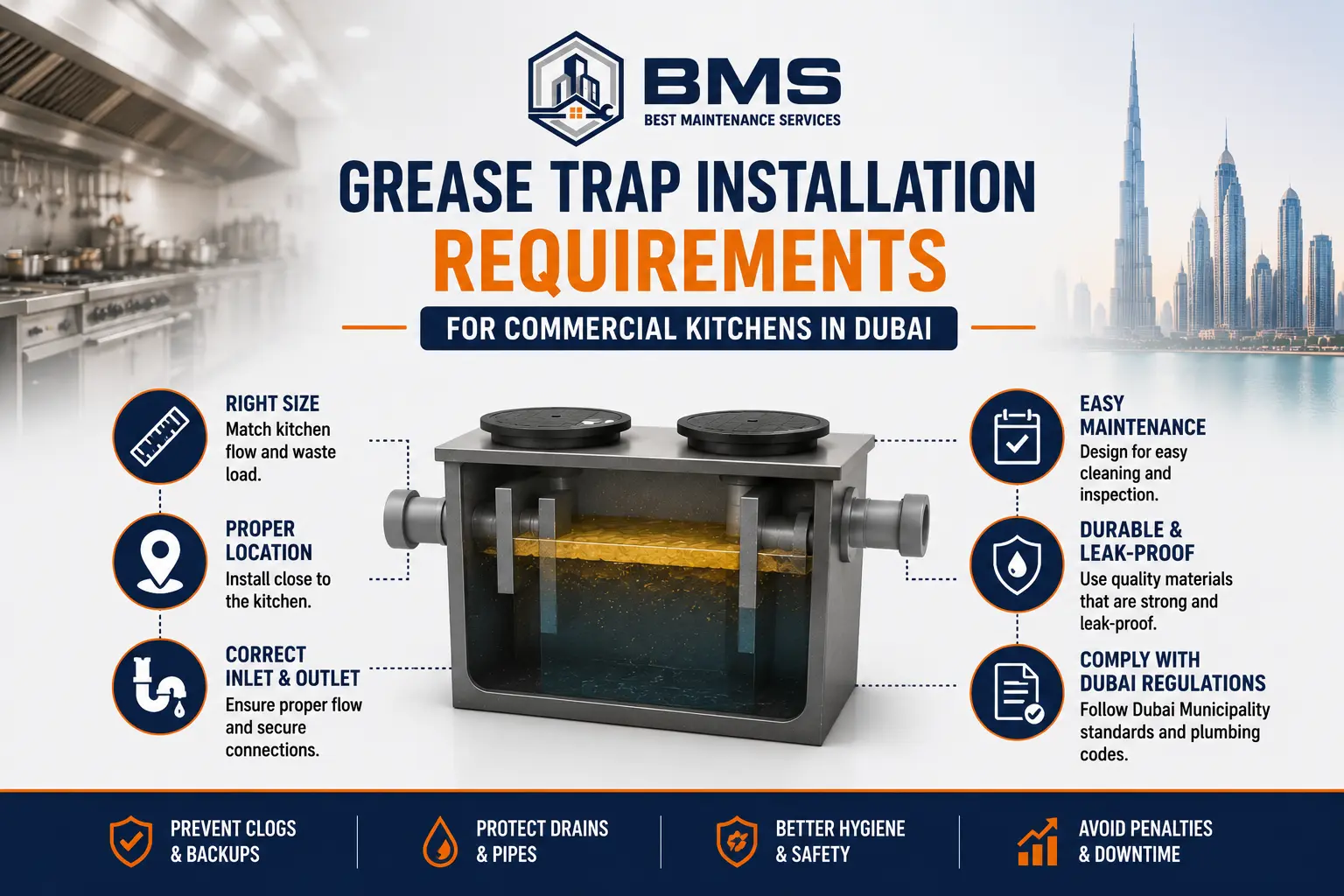 Grease trap installation requirements for commercial kitchens in Dubai, showing proper sizing, placement, pipe connections, maintenance access, leak prevention, and regulatory compliance.