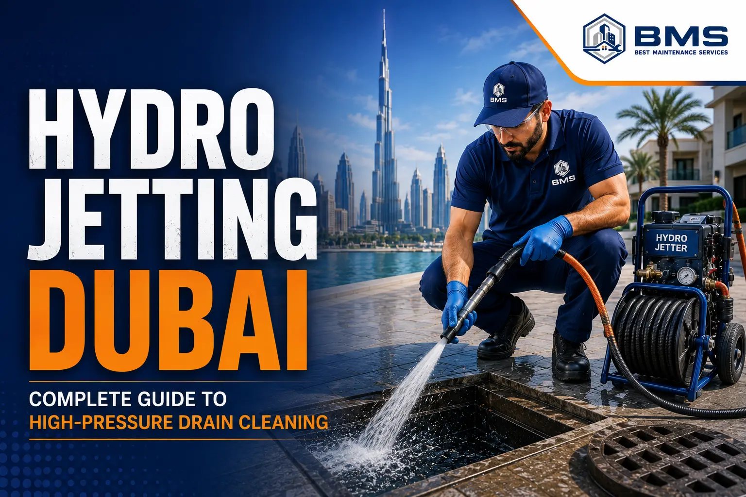 Professional hydro jetting technician from Best Maintenance Services using a high-pressure water jetting machine to clear a blocked drain in Dubai, providing advanced drain cleaning for residential and commercial properties.