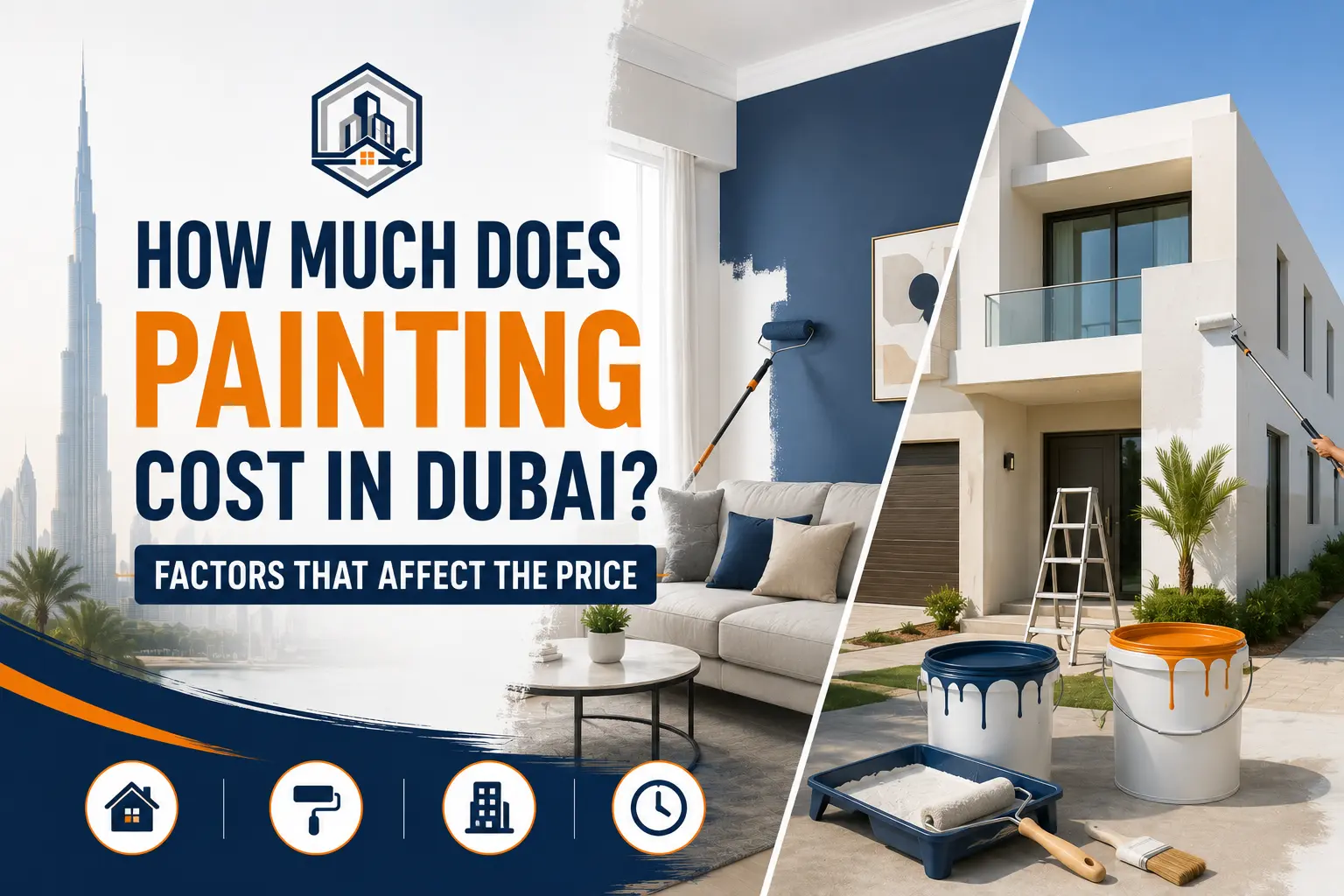 Professional Dubai painting service showing interior and exterior painting for a modern property, with paint tools and a Dubai skyline.
