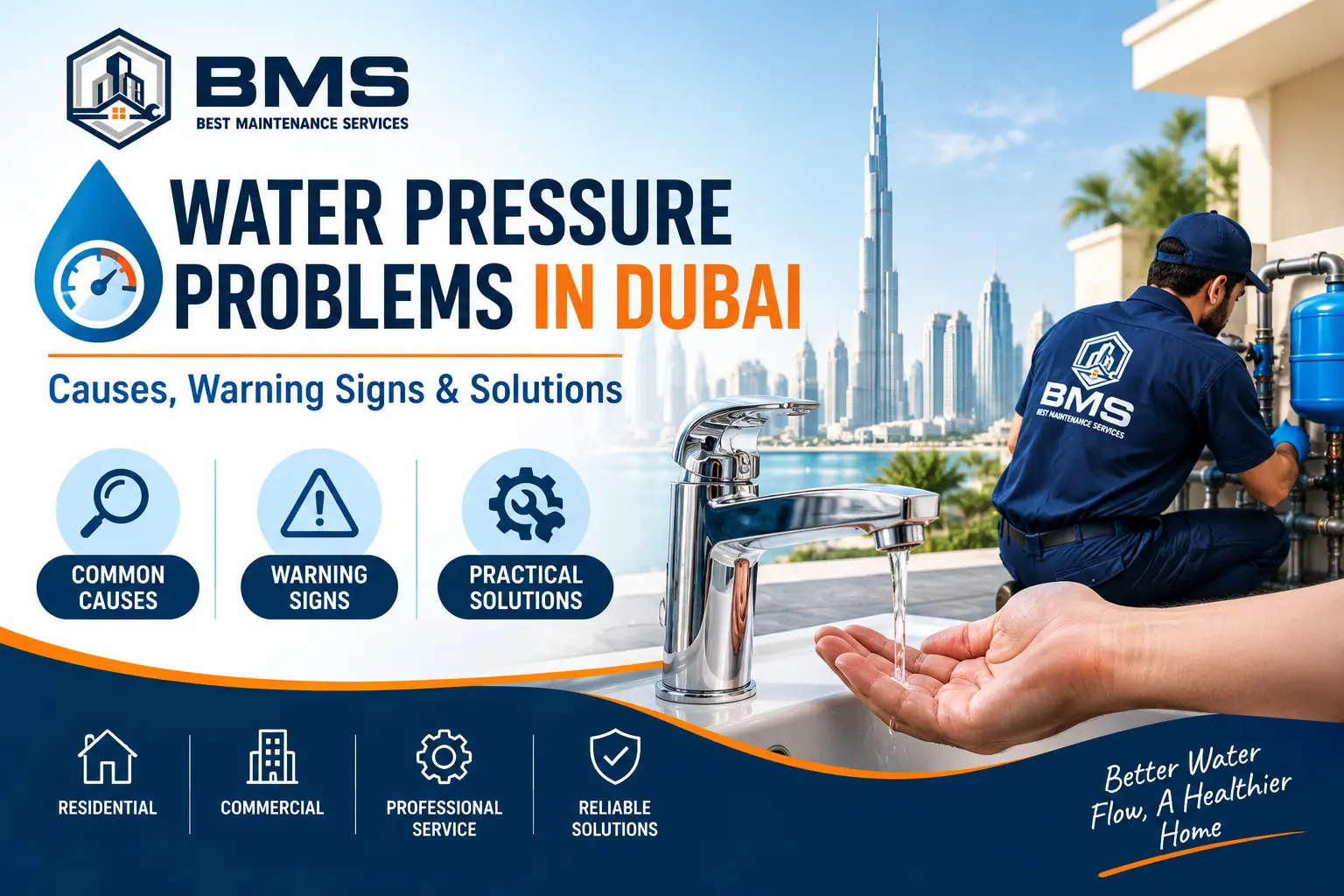 Water Pressure Problems in Dubai: Causes & Solutions Professional water pressure problem diagnosis and plumbing service in Dubai, featuring a technician inspecting a residential water system.