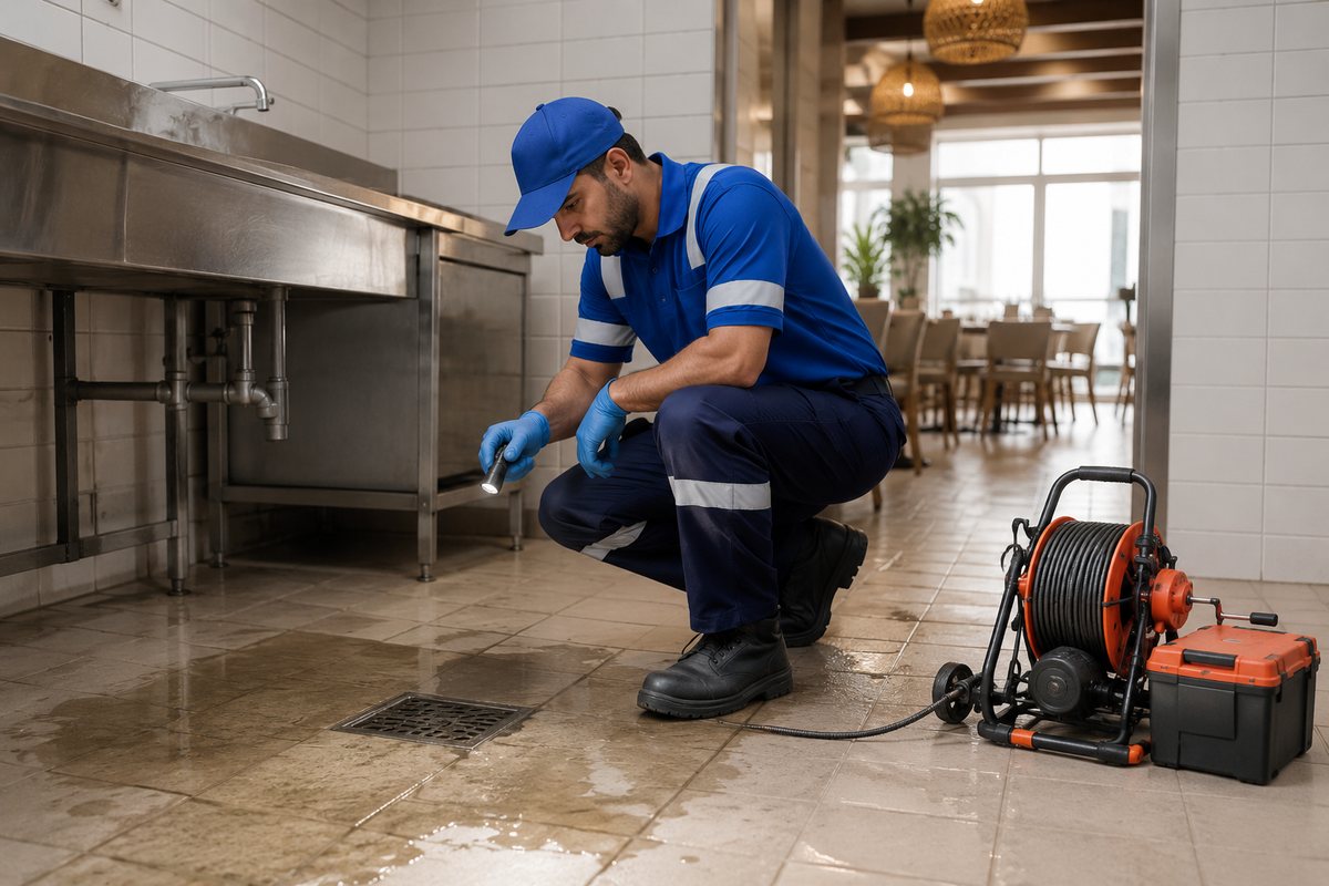 BMS technician checking warning signs of blocked drain in Dubai