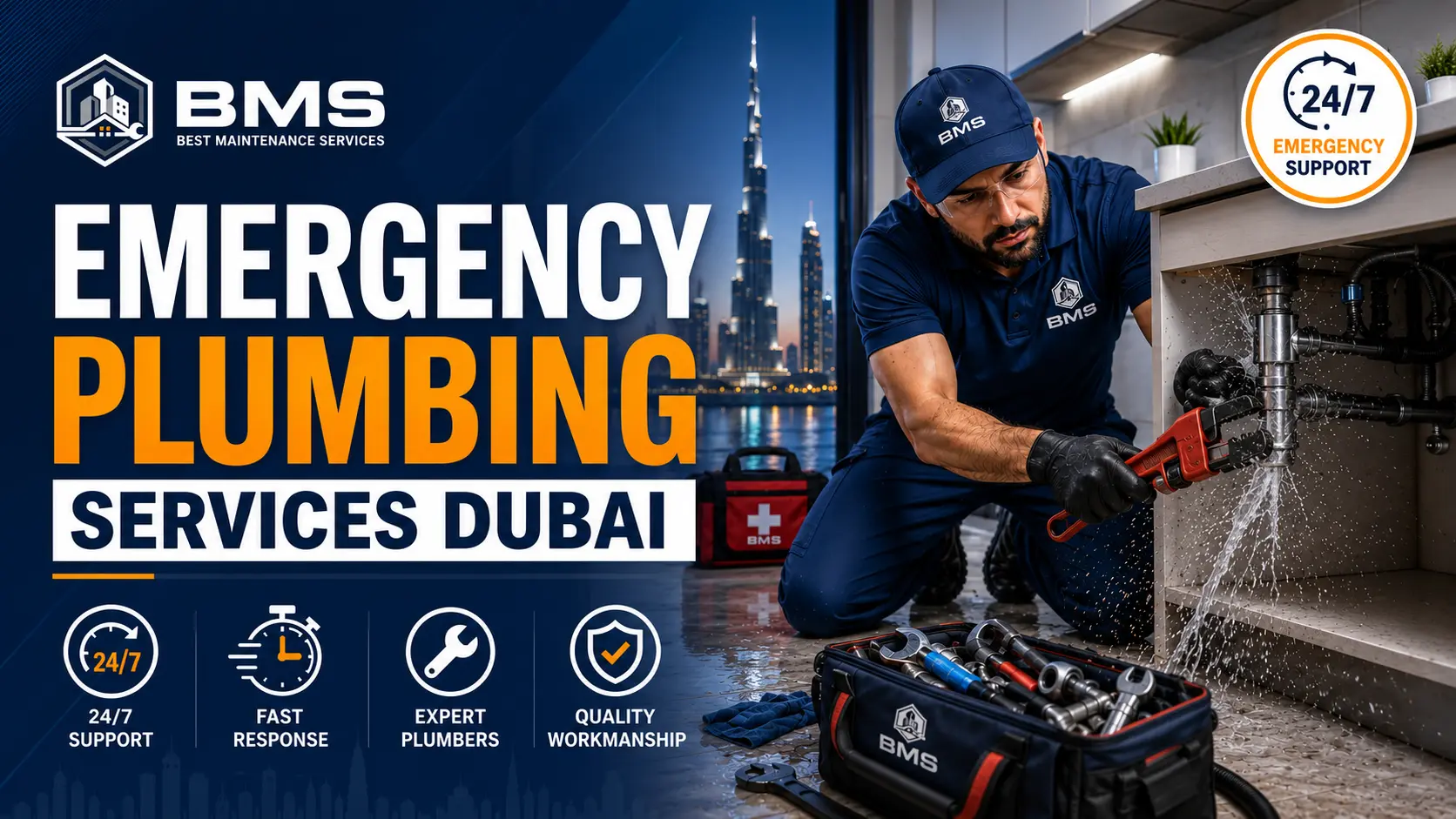 Professional emergency plumber from Best Maintenance Services repairing a burst pipe under a kitchen sink during a plumbing emergency in Dubai, preventing water damage with fast response and expert repair.