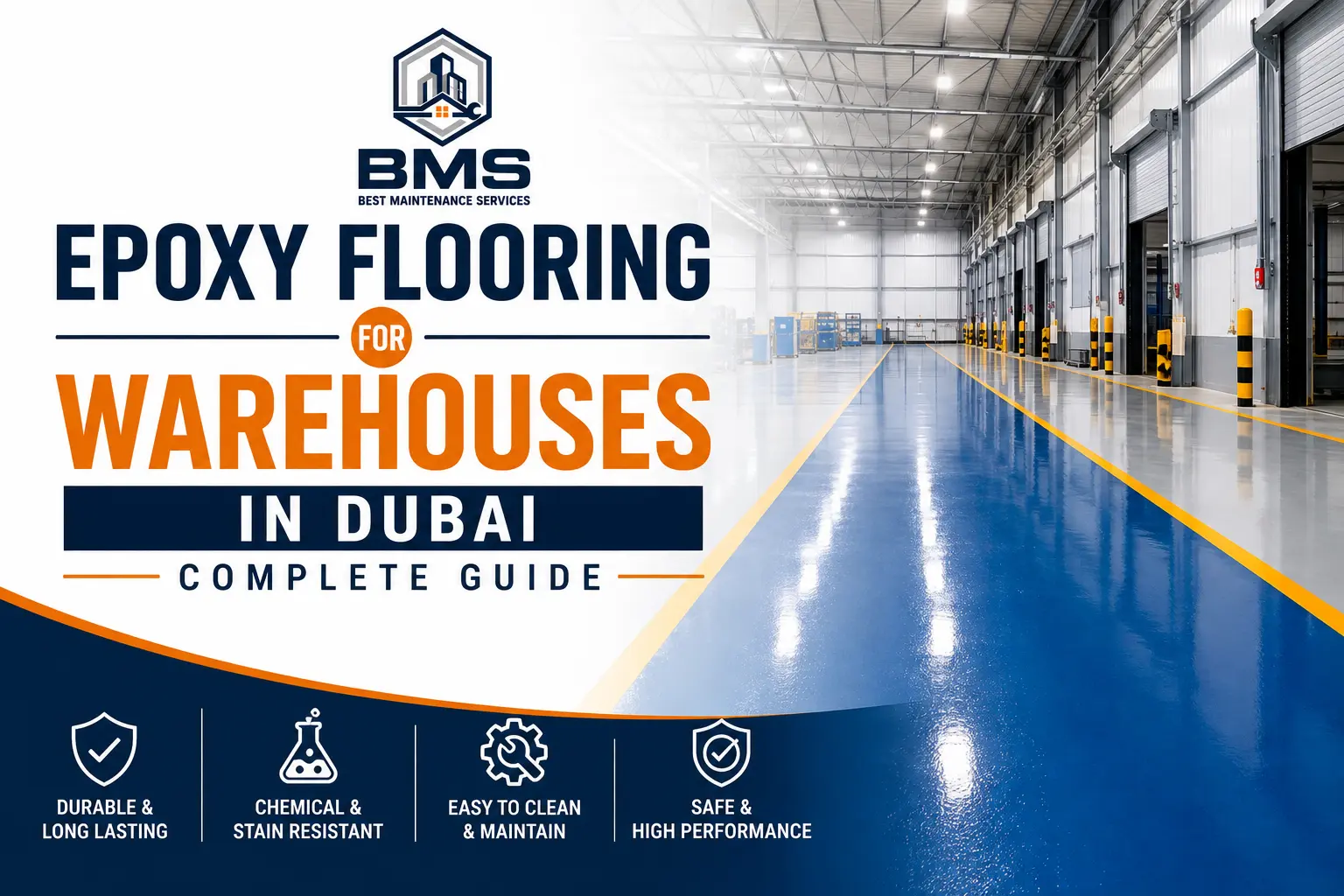 Professional epoxy flooring installation in a Dubai warehouse, featuring a durable glossy floor designed for industrial use.