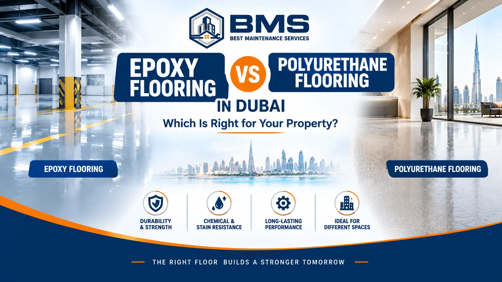 Epoxy flooring vs polyurethane flooring in Dubai, showing two professional flooring options for commercial and residential properties.