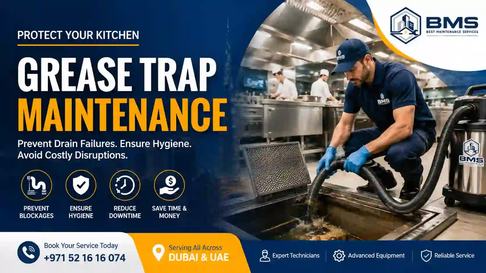 MS technician performing grease trap maintenance in a commercial kitchen to prevent drain blockages, improve hygiene, and reduce costly disruptions in Dubai.