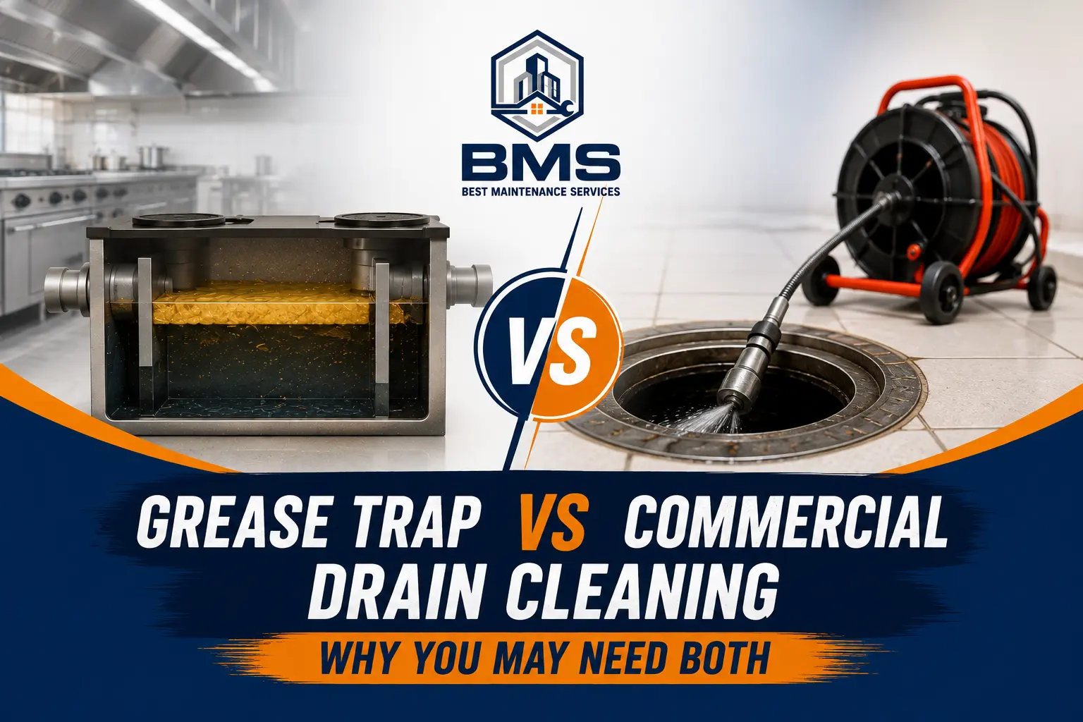 Grease trap and commercial drain cleaning equipment compared side by side for professional kitchen drainage maintenance.