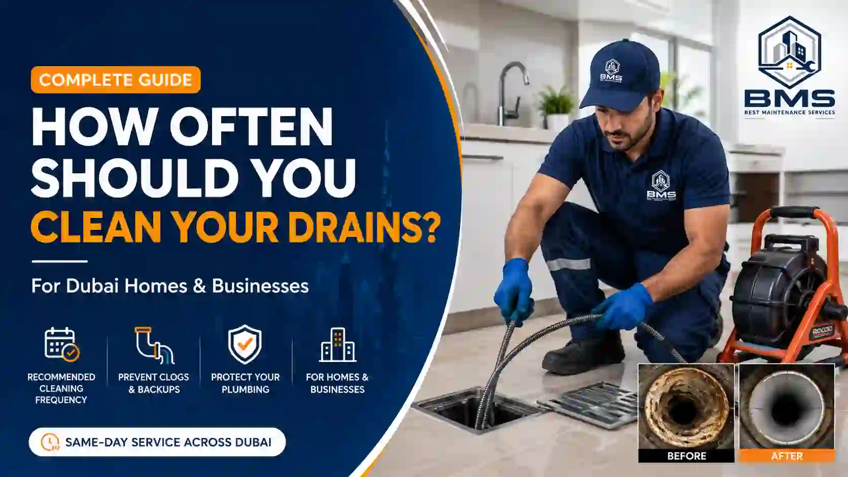 How Often Should You Clean Your Drains? A Complete Guide for Dubai Homes and Businesses | Best Maintenance Services Professional drain cleaning technician servicing a floor drain with before-and-after drain pipe comparison for Dubai homes and businesses.