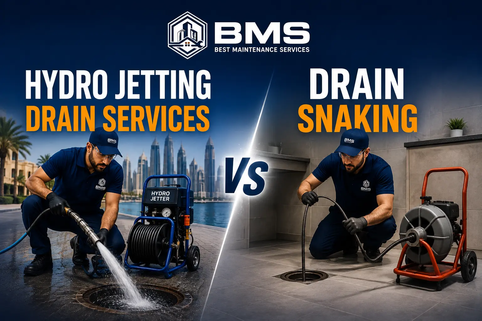 Comparison of hydro jetting and drain snaking performed by professional Best Maintenance Services technicians in Dubai, showing high-pressure water jetting versus drain snake cable cleaning for clearing blocked drains.