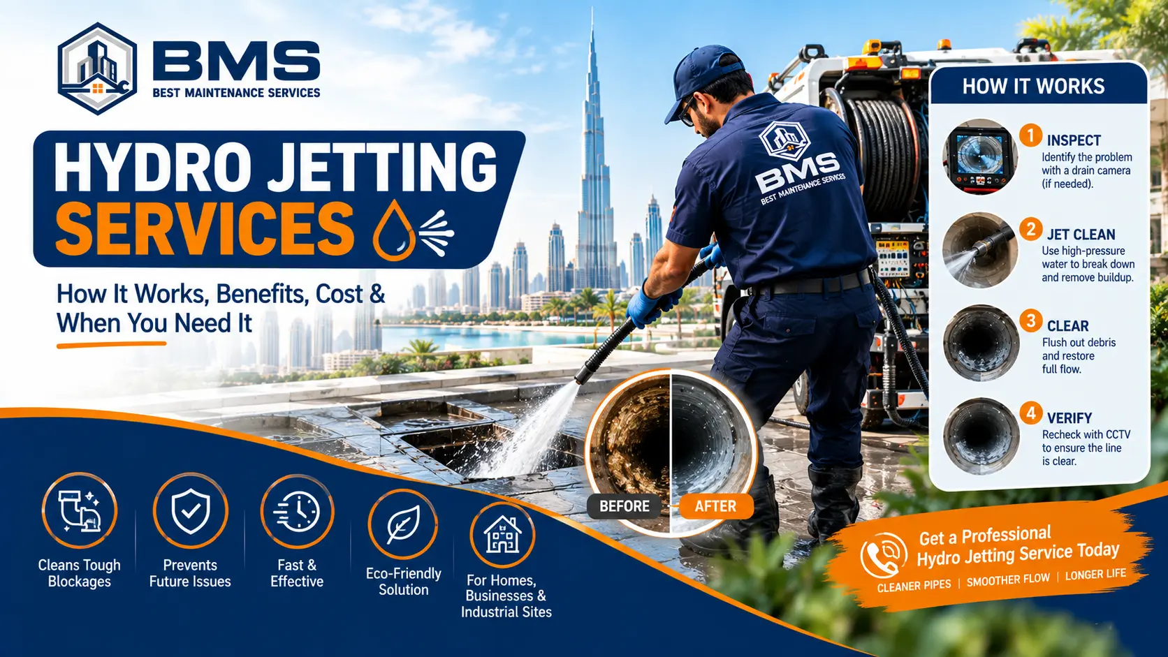 Professional hydro jetting service in Dubai showing high-pressure drain cleaning equipment and a technician removing tough pipe buildup.