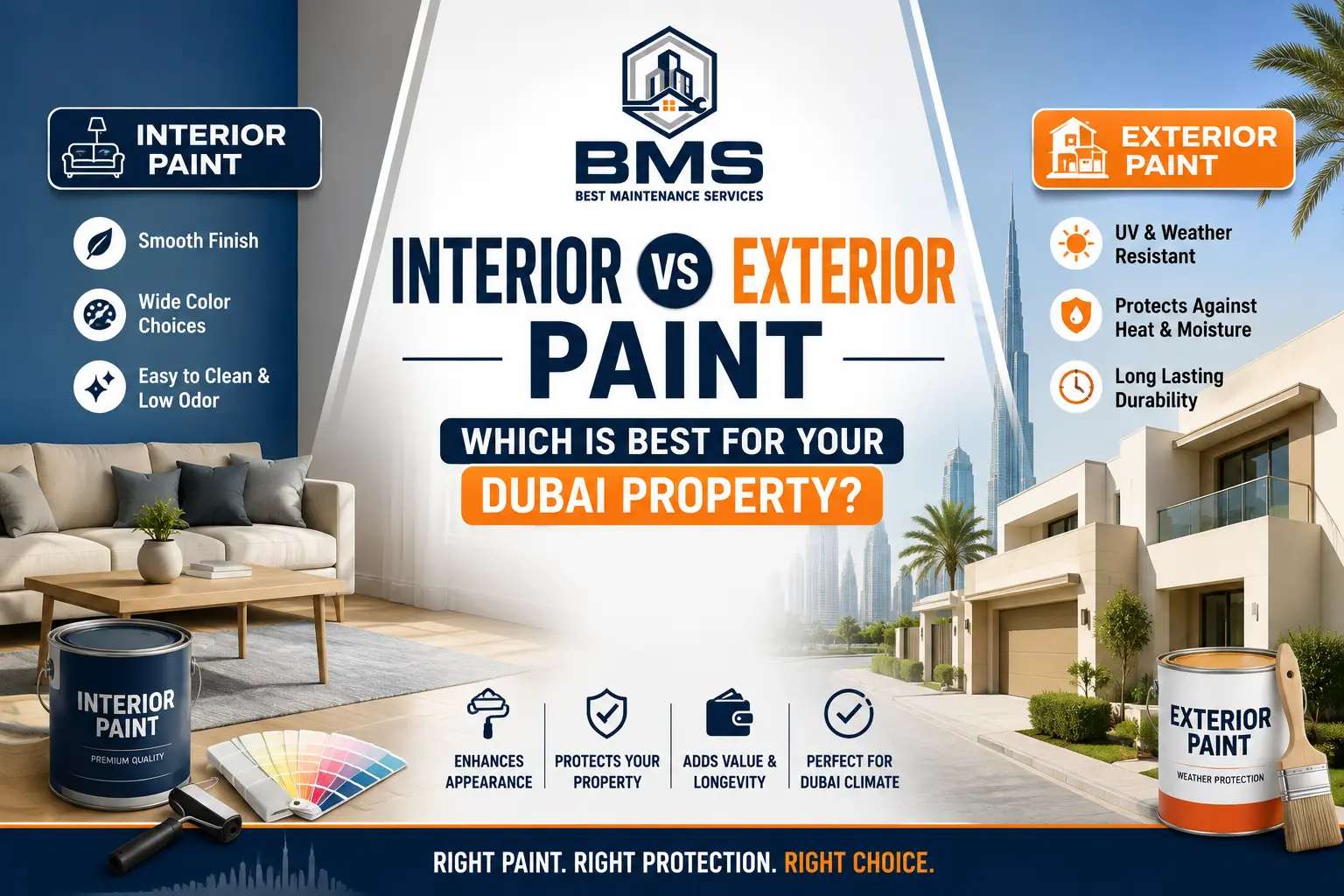 Interior vs exterior paint comparison for a Dubai property, showing a modern living room and villa exterior with professional painting solutions.