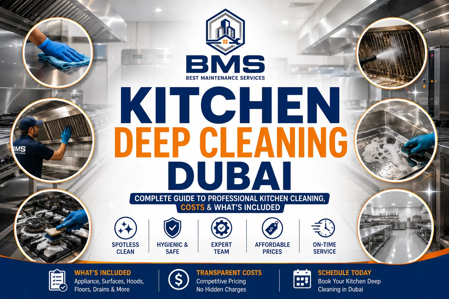 Kitchen Deep Cleaning Dubai: Complete Guide, Costs & What's Included Professional kitchen deep cleaning in Dubai, showing a commercial kitchen cleaning team sanitizing stainless steel surfaces, hoods, appliances, floors, drains, and cooking equipment.