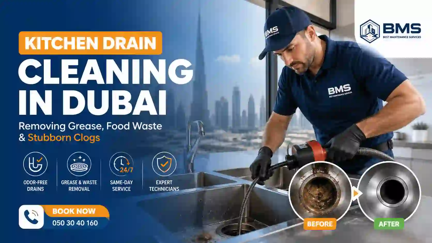 Kitchen Drain Cleaning in Dubai – Grease & Clog Removal | Best Maintenance Services Professional kitchen drain cleaning service in Dubai showing a BMS technician removing grease, food waste, and stubborn drain clogs from a commercial kitchen sink.