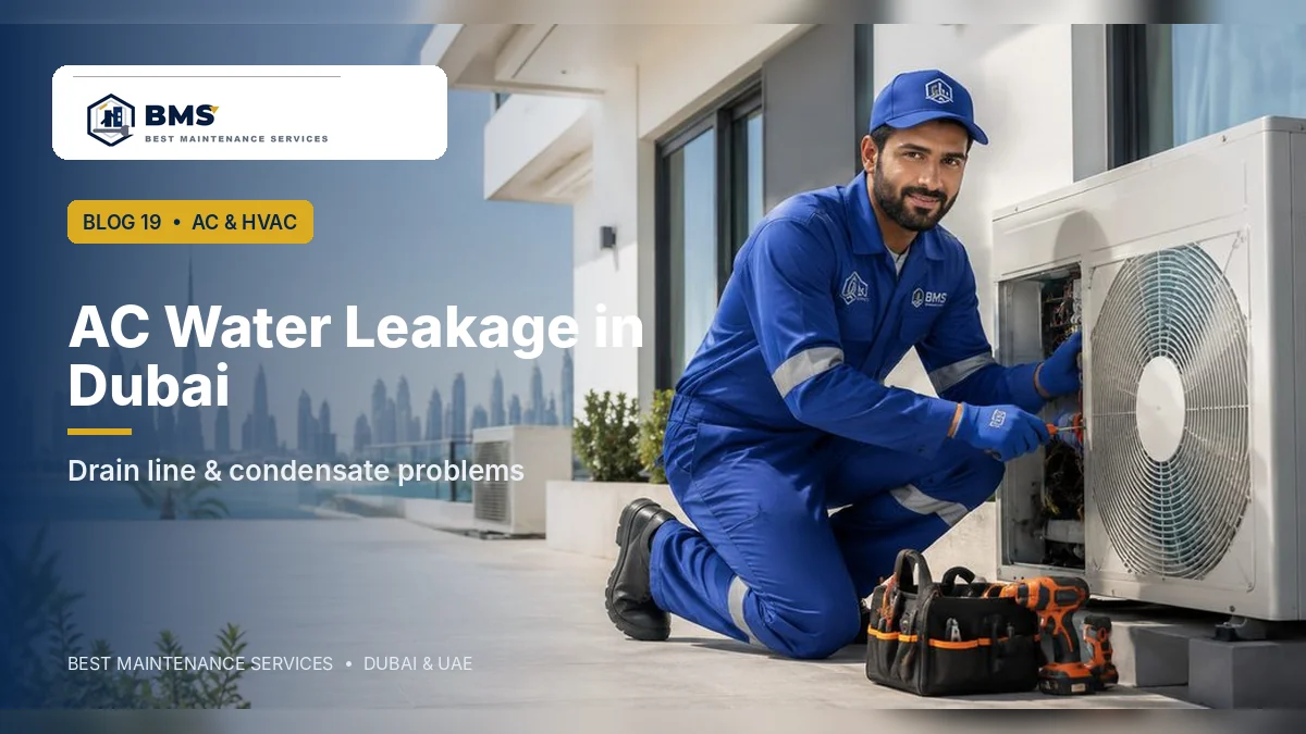 BMS technician diagnosing AC water leakage and condensate drain problem in Dubai