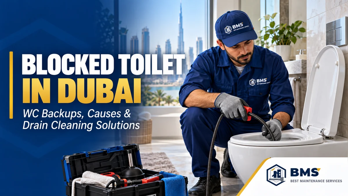 Blocked Toilet in Dubai: What Causes WC Backups and When Drain Cleaning Is Needed BMS technician assessing a blocked toilet in a Dubai bathroom