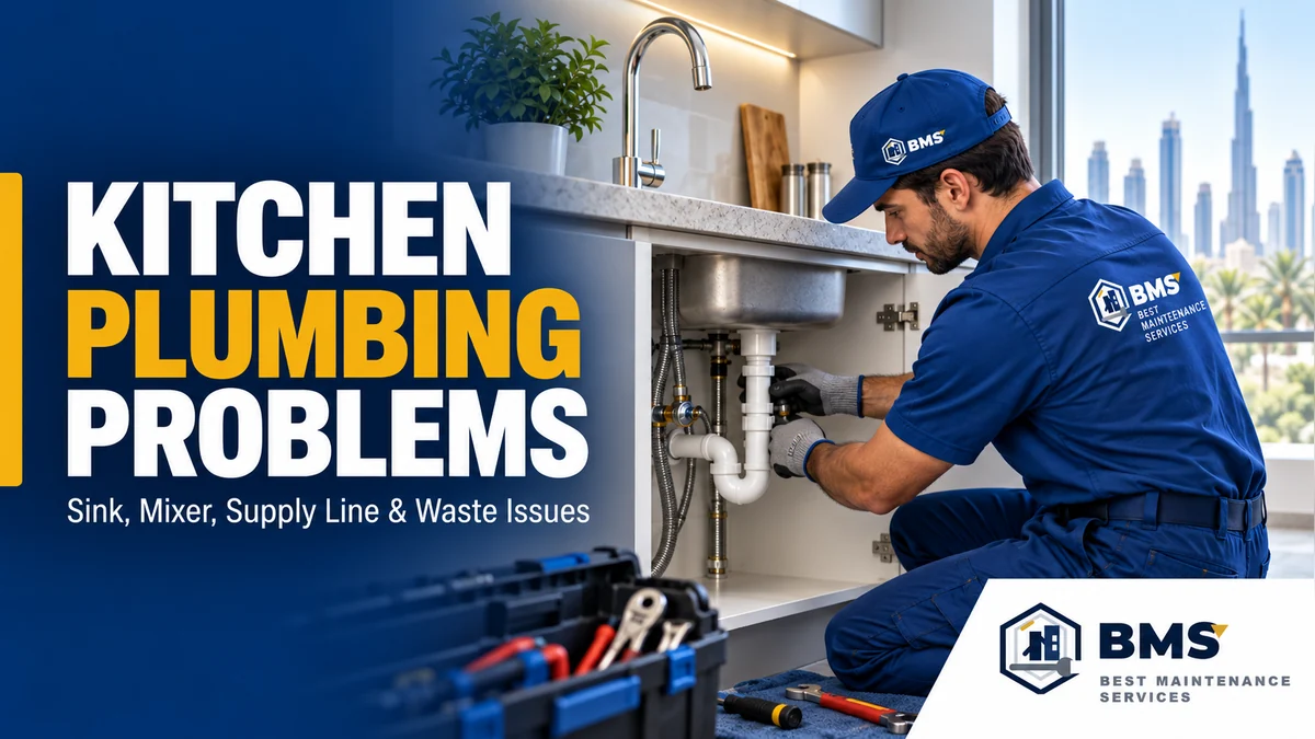 Kitchen Plumbing Problems in Dubai: Sink, Mixer, Supply Line & Waste Connection Issues BMS plumber inspecting kitchen sink supply and waste connections in Dubai