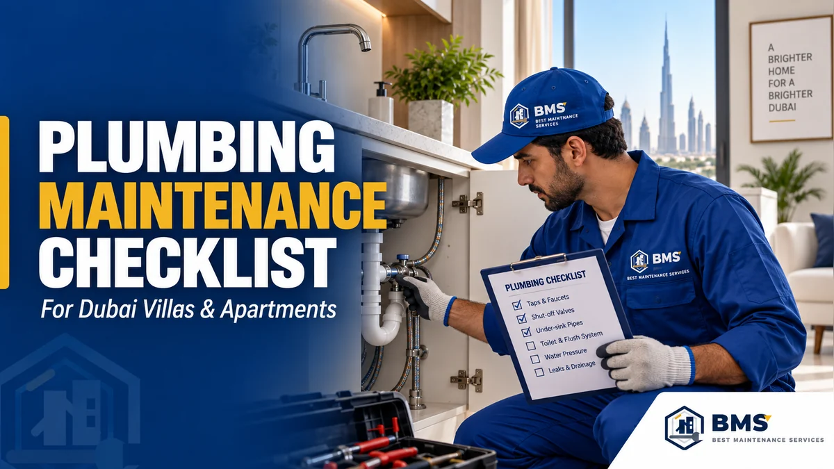 Plumbing Maintenance Checklist for Dubai Villas & Apartments BMS technician performing a plumbing maintenance inspection in a Dubai villa