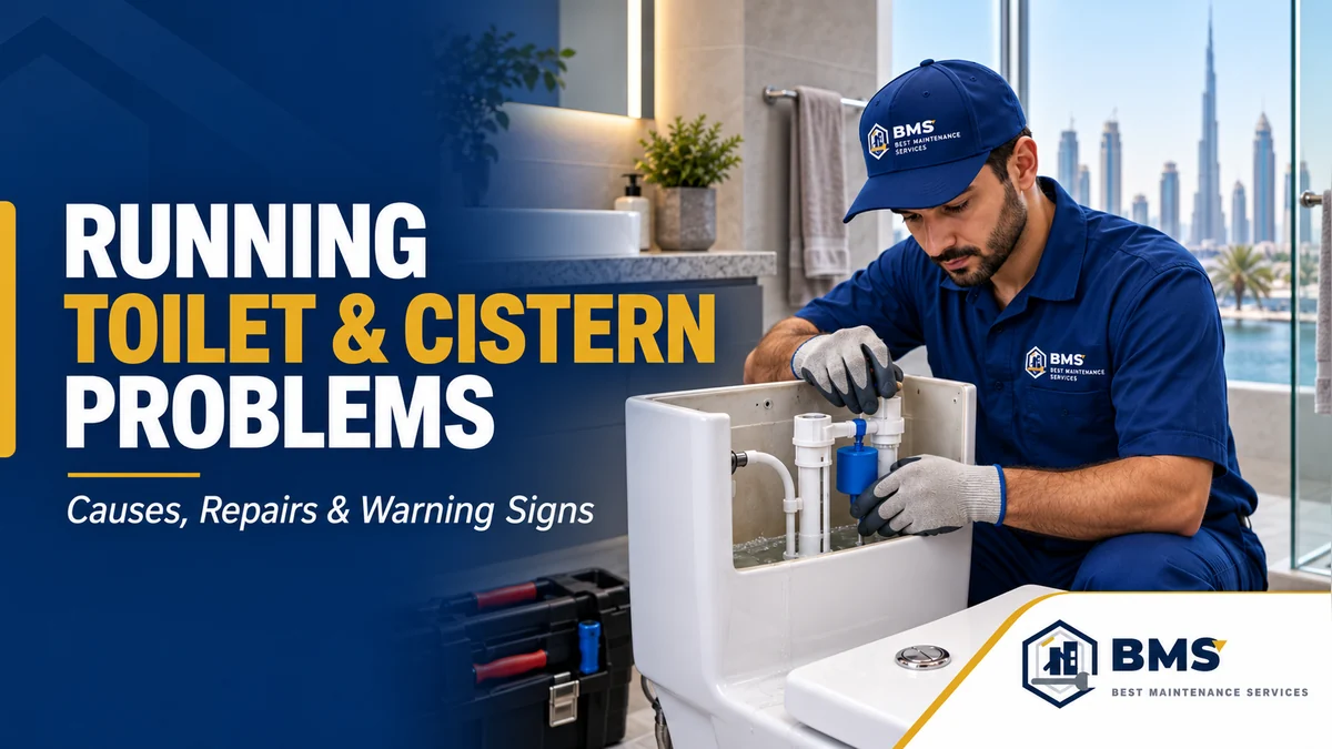 Running Toilet & Cistern Problems in Dubai: Causes, Repairs and Warning Signs BMS plumber inspecting a running toilet cistern and flush mechanism in Dubai