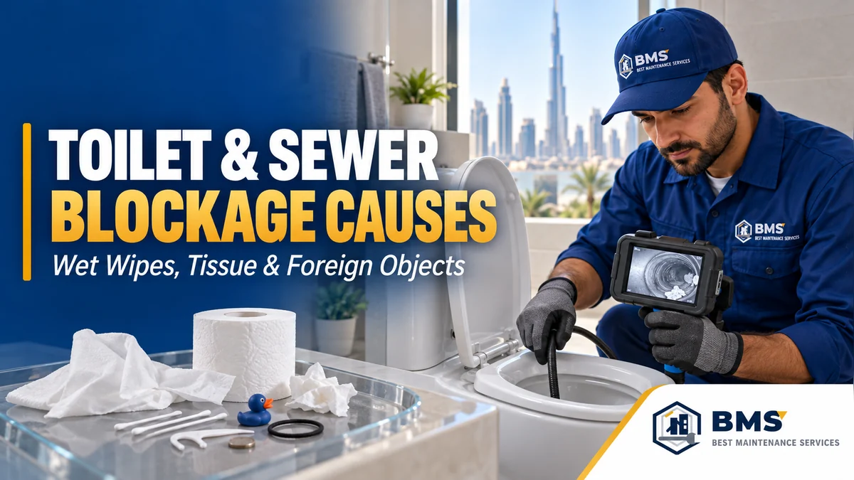 Wet Wipes, Tissue & Foreign Objects: What Really Causes Toilet and Sewer Blockages BMS technician explaining common non-flushable causes of toilet blockages in Dubai