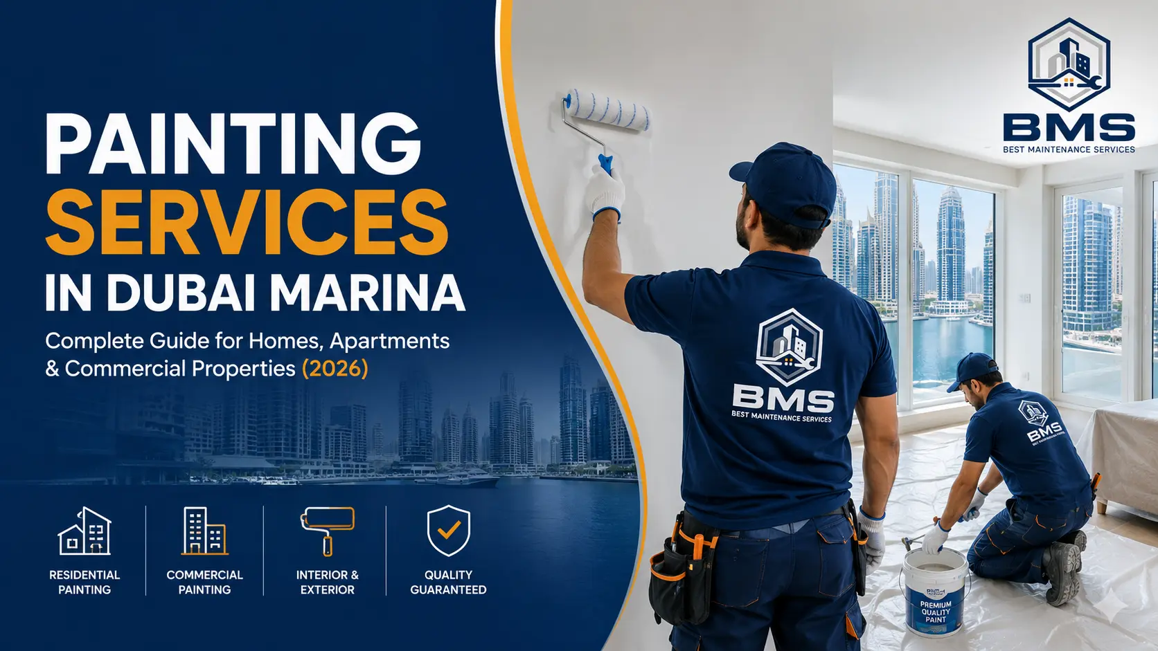 Painting Services in Dubai Marina | Complete Guide 2026 | BMS Professional painting services in Dubai Marina with BMS technicians painting a luxury apartment. Complete 2026 guide for homes, apartments, and commercial properties.